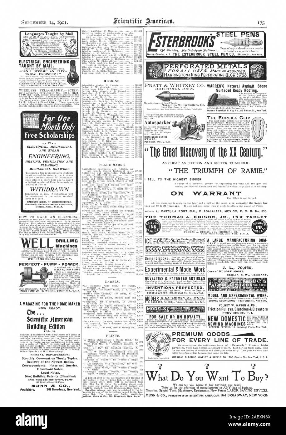 Una rivista per la casa maker ora pronto. Scientific .Edificio merican Edition lingue insegnate da Mail di ingegneria elettrica insegnata da Mail. Borse di studio libero WEL macchine foratrici perfetto- - POMPA DI ALIMENTAZIONE. Acciaio Autosparker penne STERBROOKS METALLI FORATI WARREN naturali della pietra di asfalto manti di copertura pronto. La graffa di EUREKA ' il trionfo di ramiè." Posso vendere al miglior offerente HICHEST SU MANDATO NOVITÀ & articoli brevettato invenzioni perfezionato. & Lavoro sperimentale. Per la vendita o sulle royalty. Modelli J. L. 70460 modello e lavoro sperimentale. L'attrito PulleysClutches &Ascensori provvidenza. R. I. PREMIUM Foto Stock