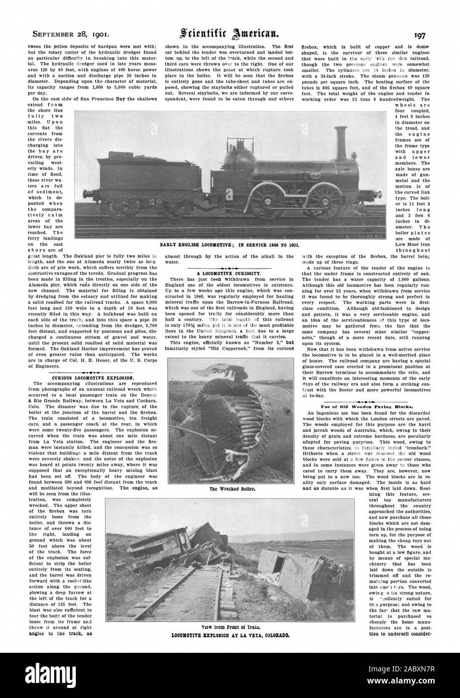 Angoli per la via come una locomotiva curiosità. La caldaia disastrate. Uso di legno vecchio Pavinu blocchi. Inizio locomotiva inglese; IN SERVIZIO 1846 al 1901. Vista dalla parte anteriore del treno. Locomotiva esplosione PRESSO LA VETA COLORADO., Scientific American, 1901-09-28 Foto Stock