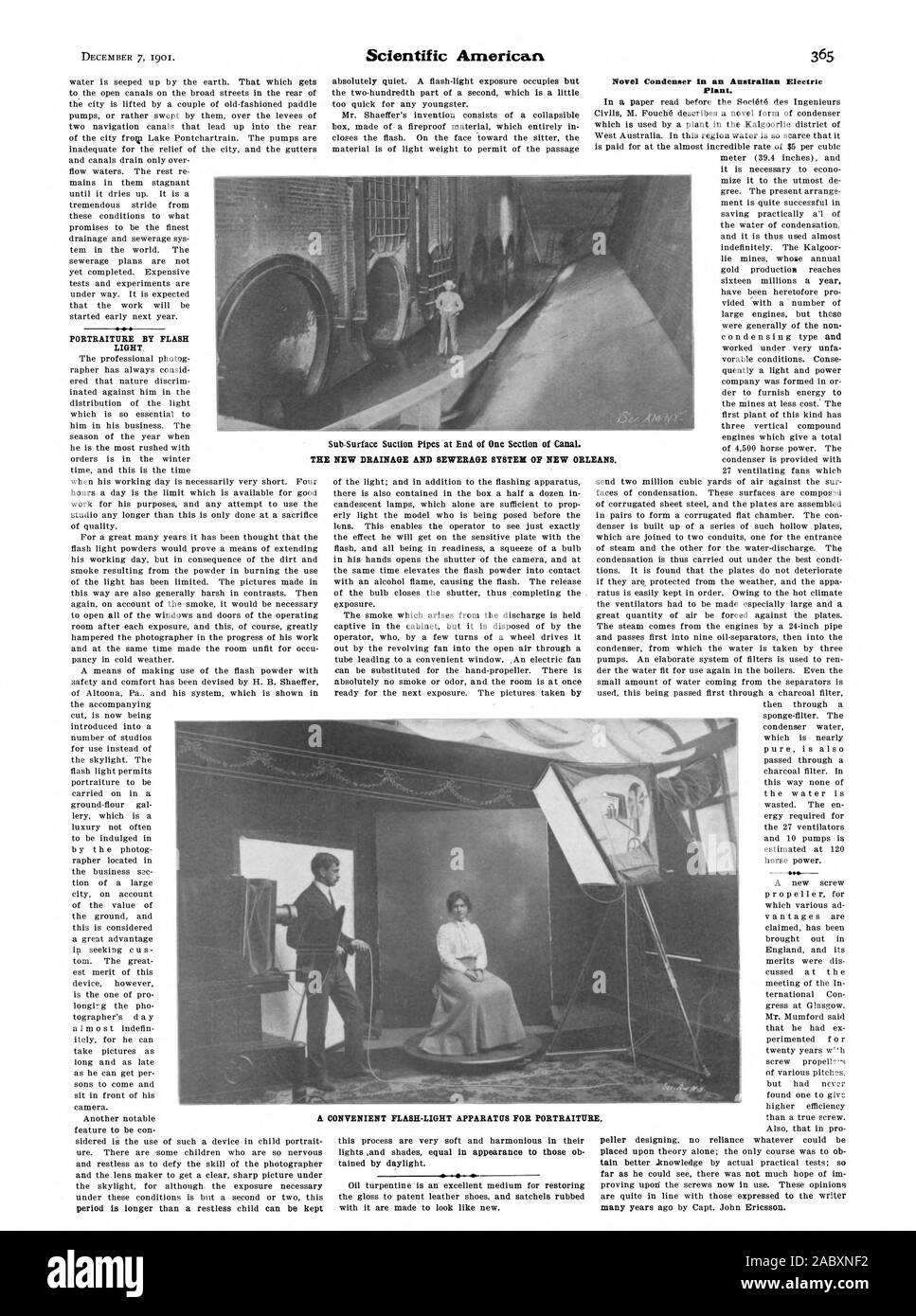 La ritrattistica di luce flash nuovo condensatore in un australiano di impianto elettrico. Sub-Surface tubi di aspirazione in corrispondenza di estremità di una sezione del canale. Il nuovo il drenaggio e la rete fognaria di nuovo ORL divieti. Un comodo FLASH-LUCE APPARECCHIO PER PORTRAITU RE, Scientific American, 1901-12-07 Foto Stock