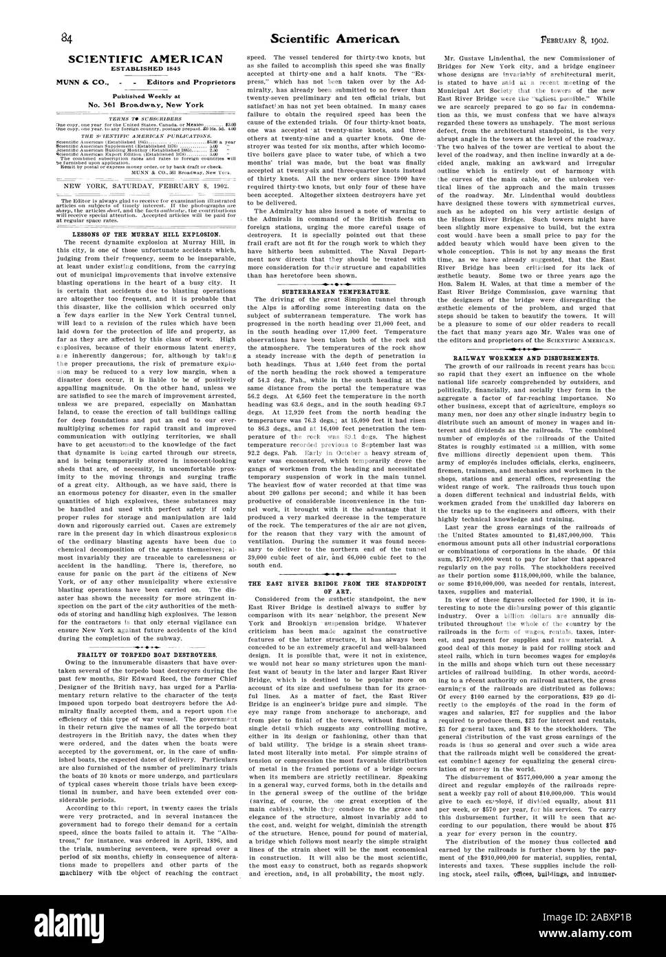 SCIENTIFIC AMERICAN STABILITO 1845 settimanale pubblicata al n. 361 Broadway New York lezioni di MURRAY HILL esplosione. Fragilità della torpediniera cacciatorpediniere. 41. Una temperatura sotterranea. L'East River Bridge DAL PUNTO DI VISTA DELL'ARTE. Operai ferroviari e gli esborsi., 1902-02-08 Foto Stock