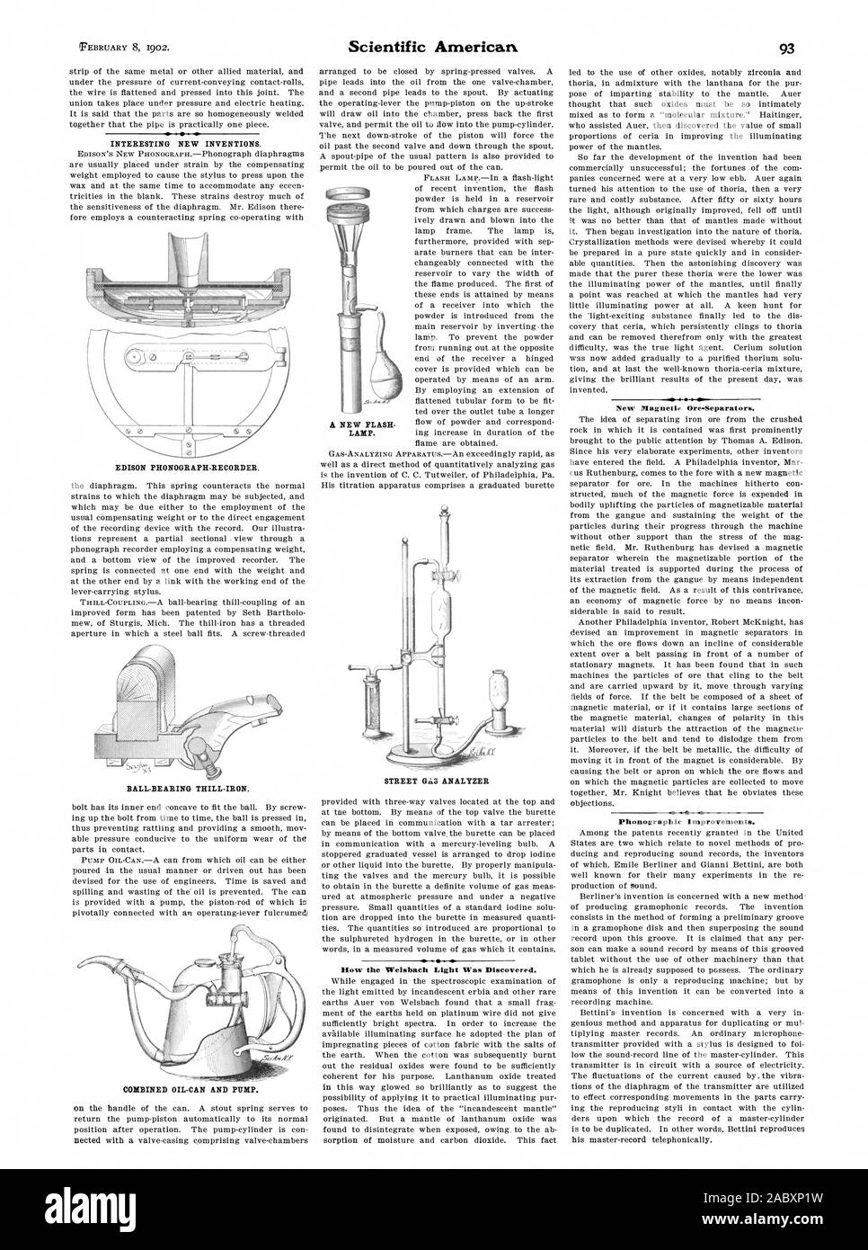 Interessanti le nuove invenzioni. EDISON FONOGRAFO-Recorder. Cuscinetto a sfera THILL-ferro. Olio combinato-CAN E POMPA. Strada analizzatore Gia come la luce Welsbach è stato scoperto. Miglioramenti Phonographic. Lampada., Scientific American, 1902-02-08 Foto Stock