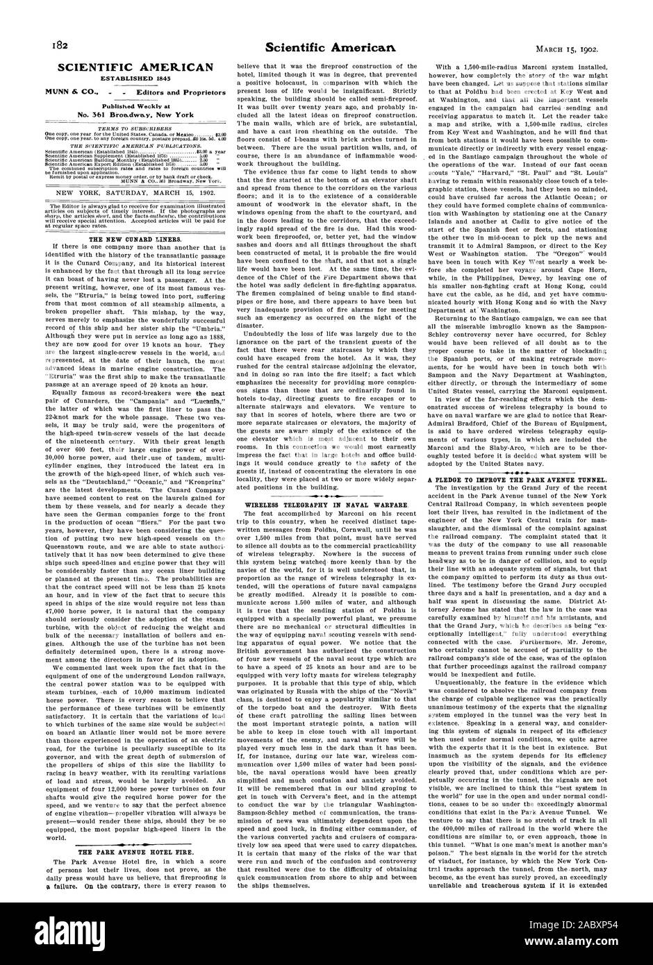 182 Scientific American stabilito 1845 MUNN & CO. No. 361 Broadway. New York il nuovo CUNARD le camicie. Il Park Avenue Hotel FIRE. Scientific American telegrafia senza fili nella guerra navale un pegno PER MIGLIORARE IL PARK AVENUE TUNNEL. - Editori e proprietari, 02-03-15 Foto Stock