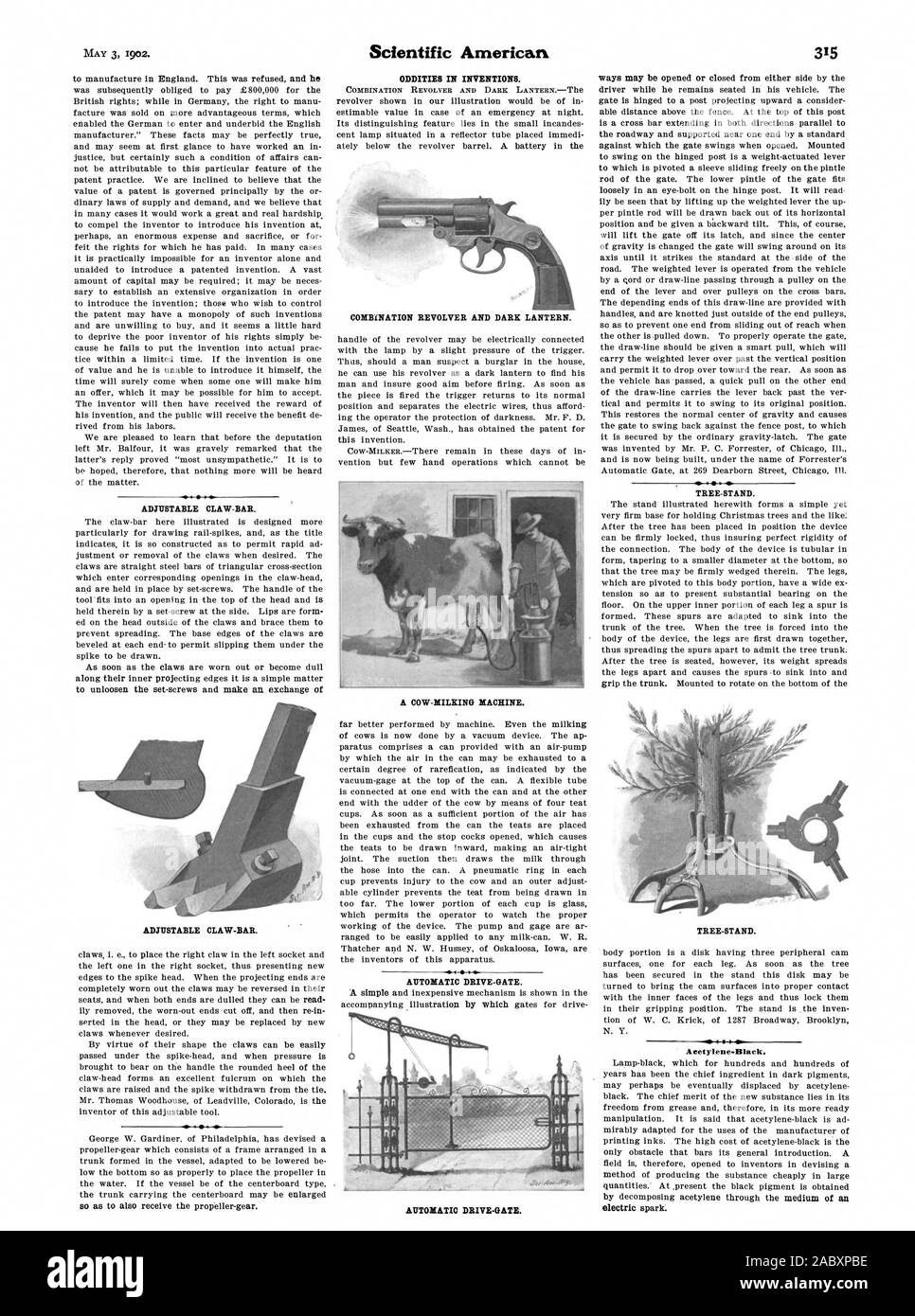 Regolabile CLAW-BAR. Regolabile CLAW-BAR. 41. Stranezze in invenzioni. Combinazione di revolver e scuro LANTERNThe COMBLNATION REVOLVER E LANTERNA scura. Una mucca-macchina di mungitura. Comando automatico-GATE. Comando automatico-GATE. TREE-STAND. TREE-STAND., Scientific American, 1902-05-03 Foto Stock