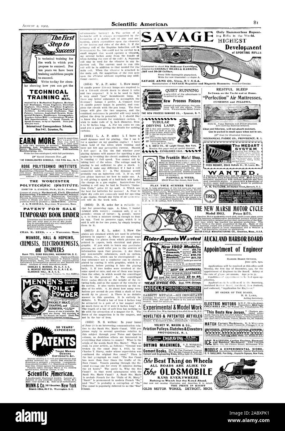 Scientific American 303 e 30-30 calibro. SAVAGE ARMS CO. Vticn. La guida tubolare lampada. Redazione Architettura Arte mineraria lurgy metallo stenografia Business Il giornalismo le scuole consolidato 156 Quinta Ave. N.Y. ROSE Istituto politecnico di WORCESTER J. K. MARSHALL Cancelliere Worcester messa. Brevetto per vendita sonno riposante In Camp su yacht e a casa. 'Perfezione' Aria Cuscini Materassi e cuscini. Il sistema MEDART voluto. Biciclette-T1RES & articoli vari. Il nuovo motore di palude del modello di ciclo di 1902. Prezzo $175. Ciclo motore Manufacturing Co. Brockton messa. U.S.A. Porto di Auckland BOARD Nomina del Foto Stock