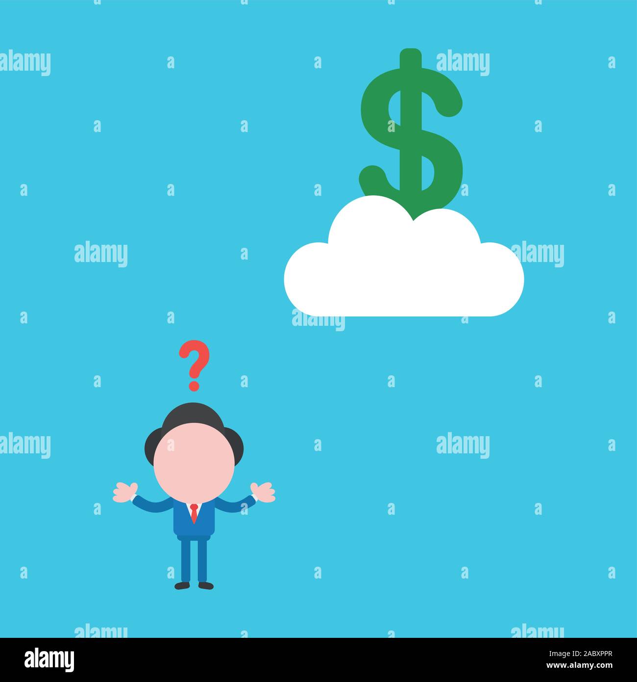 Illustrazione Vettoriale senza volto carattere imprenditore confuso e simbolo del dollaro sul cloud su blu il colore dello sfondo. Illustrazione Vettoriale