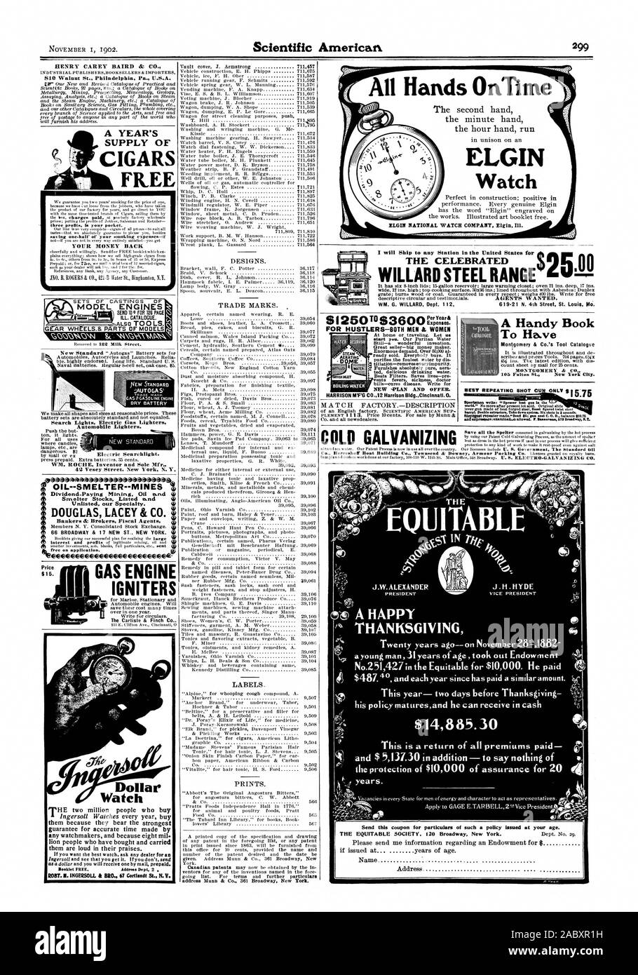 Alimentazione di sigari dollaro gratis Guarda il motore a gas accenditori Carlisle & Finch C Prezzo $16. Un libro pratico per avere Montgomery di CO. DOUGLAS LACEY & CO. 66 BROADWAY & 17 NUOVA ST. NEW YORK. Il celebrato - IL UITAB J.W.ALEXANDER UN FELICE RINGRAZIAMENTO 5 J.H.HYDE '' k7 $14885.30, Scientific American, 1902-11-01 Foto Stock