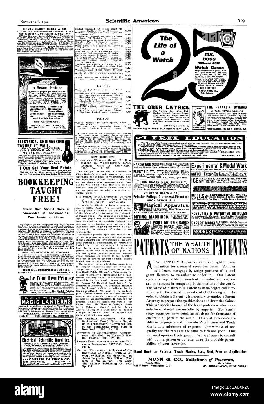 Sara in grado di fornire corrente per sei 6-candela Parse!! & Infestante. 129-131 W. 31 San N.Y. & Sperimentale modello di lavoro MFG. CO 899 Clinton Street Milwaukee Wis. invenzioni sviluppate. Macchine speciali. E. V. BAILLARD. Fox Bldg Franklin Square di New York. Novità un etc. Nuovo VORA STENCIL IOC VIORMI MASAO ST N.& NOVITÀ & articoli brevettato7% im OM i direttori della corrispondenza Institute of America hanno deciso di assegnare un numero limitato di mano libera prenota su brevetti marchi ecc. Inviato gratuitamente su Applicazione., Scientific American, 1902-11-08 Foto Stock