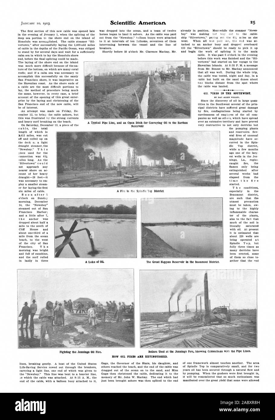 Di giorno ALLEN WILLEY. Una tipica linea di tubo e di una fossa aperta per il trasporto di olio al serbatoio in terracotta di un incendio nel mandrino Top distretto. Un lago di olio. Il grande serbatoio Higgins nella Beaumont distretto. Lotta contro la Jennings incendi dell'olio. Caldaie utilizzate presso la Jennings Fire mostra Ccnnectiuns con le tubazioni. Come incendi dell'olio sono spenti., Scientific American, 1903-01-10 Foto Stock