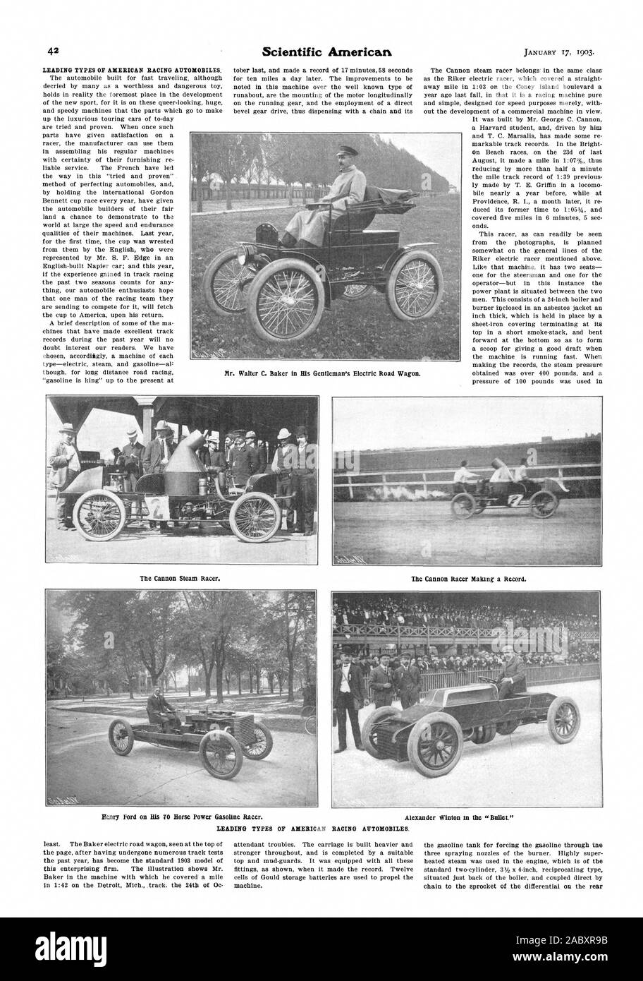 Il Sig. Walter C. Baker nel suo Gentleman elettrico del rimorchio stradale. Il Cannone il corridore di vapore. Il Cannone Racer facendo un record. Henry Ford sul suo cavallo a Potenza il corridore di benzina. Alexander Winton in 'bullet., Scientific American, 1903-01-17 Foto Stock