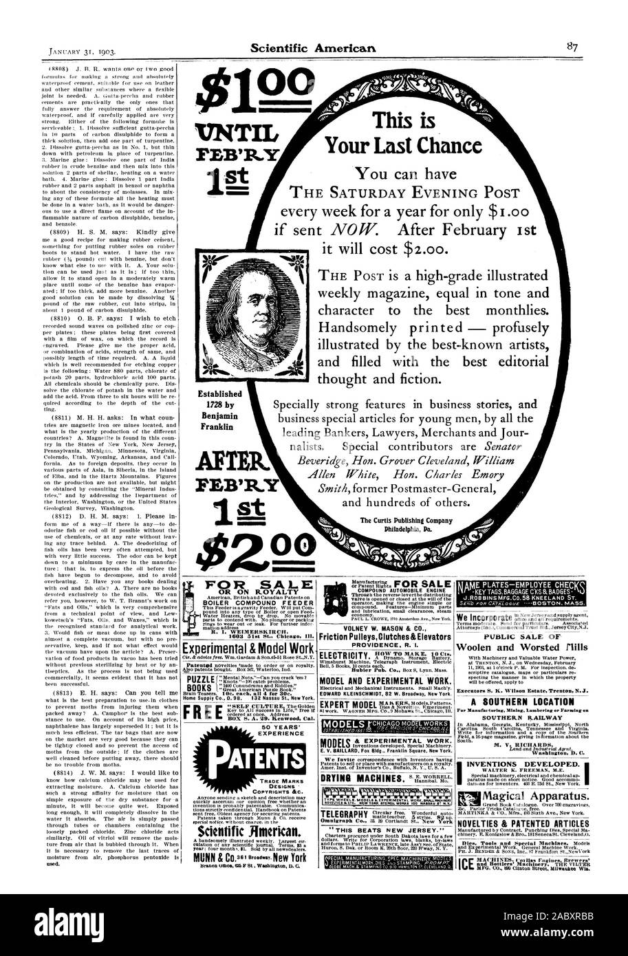 Dopo l. Pochi RN' 1° FINO AL FZB'R.Y St stabilito 1728 da Benjamin Franklin la vostra ultima possibilità si può avere il sabato sera post settimanale uguale al tono e carattere per il miglior mensili. Profumatamente stampata - profusamente illustrata dai più noti artisti e riempito con il miglior pensiero editoriale e finzione. La curtis Publishing Company Questo è per la vendita o sulla caldaia di royalty alimentatore composto R. I. WEIMERSKIRCH. 1603 51st St. Chicag III. & Sperimentale modello di lavoro { PUZZLE Home Offerta Co. 0,98 132 Nassau St. New York. Casella S. A. 29 Keuwood Cal. 50 ANNI DI ESPERIENZA DI BREVETTI MARCHI Foto Stock Dopo l. Pochi RN' 1° FINO AL FZB'R.Y St stabilito 1728 da Benjamin Franklin la vostra ultima possibilità si può avere il sabato sera post settimanale uguale al tono e carattere per il miglior mensili. Profumatamente stampata - profusamente illustrata dai più noti artisti e riempito con il miglior pensiero editoriale e finzione. La curtis Publishing Company Questo è per la vendita o sulla caldaia di royalty alimentatore composto R. I. WEIMERSKIRCH. 1603 51st St. Chicag III. & Sperimentale modello di lavoro { PUZZLE Home Offerta Co. 0,98 132 Nassau St. New York. Casella S. A. 29 Keuwood Cal. 50 ANNI DI ESPERIENZA DI BREVETTI MARCHI Foto Stock