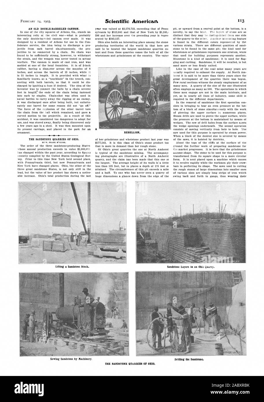 Un vecchio a doppia canna cannone. Le cave di pietra di macigno di Ohio. Da W. BEFFA M'CLURE. Ribellione. Le cave di pietra di macigno di Ohio., Scientific American, 1903-02-14 Foto Stock