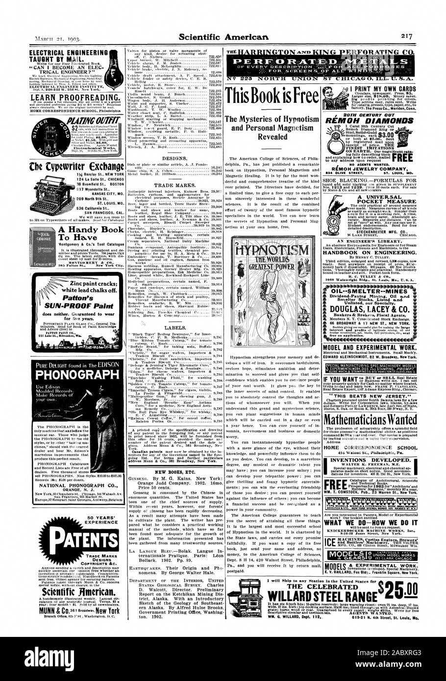 La macchina da scrivere scambiare questo libro è libero i misteri di ipnosi e magnetismo personale ha rivelato questo batte NEW JERSEY.' Per saperne di correzione di bozze. L'ACCOPPIAMENTO 0iff INGEGNERIA ELETTRICA INSEGNATA DA MAIL. TRICAL ENGINEER?' di vernice di zinco crepe; filo bianco chalks off. Patton il SUN-prova la vernice non né. Garantita da indossare per cinque anni. ci un libro pratico per avere FONOGRAFO FONOGRAFO NAZIONALE CO. ORANGE N. J. 50 anni di esperienza di brevetti marchi modelli copyright &C. Scientific American. ST. LOUIS MO. Disegni e modelli. Marchi commerciali. Etichette. Nuovi libri etc. Posso stampare le mie proprie carte scarpa oscuramento.-FORMULE PER 20TH Foto Stock