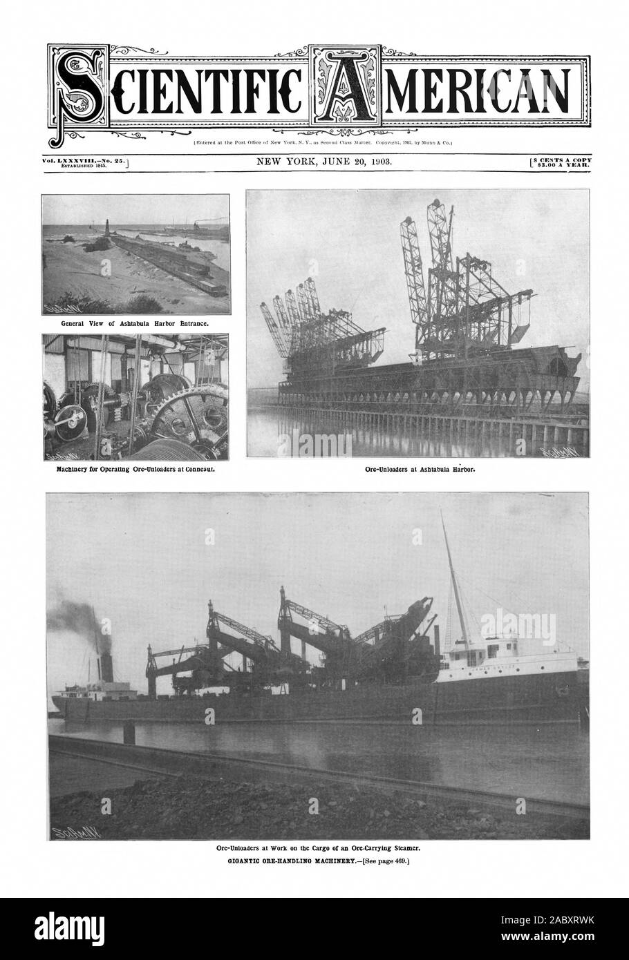 Ore-Unloaders al lavoro sul carico di un sistema per la cottura a vapore Ore-Carrying. 8 centesimi una copia Vol. LXXXVIIINo. 25,3 MERICAN SCIENTIFICA, Scientific American, 1903-06-20 Foto Stock