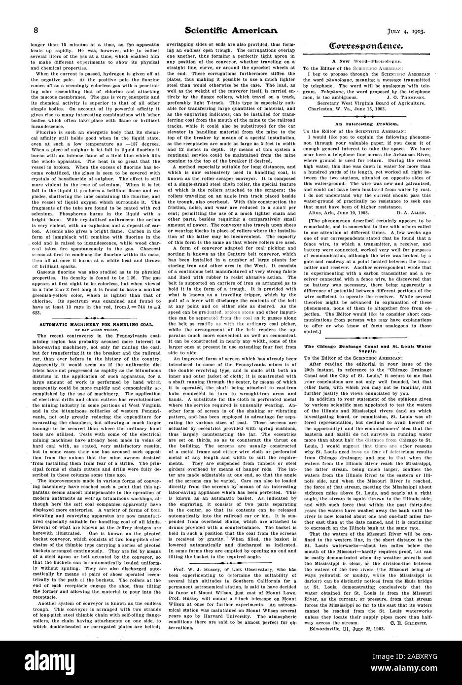 Macchine automatiche per la manipolazione del carbone. Di giorno ALLEN WILLEY. gorrrovondencr. Una nuova parola-Phonologue. Un problema interessante. Il Chicago drenaggio canale e da San Luigi d'acqua., Scientific American, 1903-07-04 Foto Stock