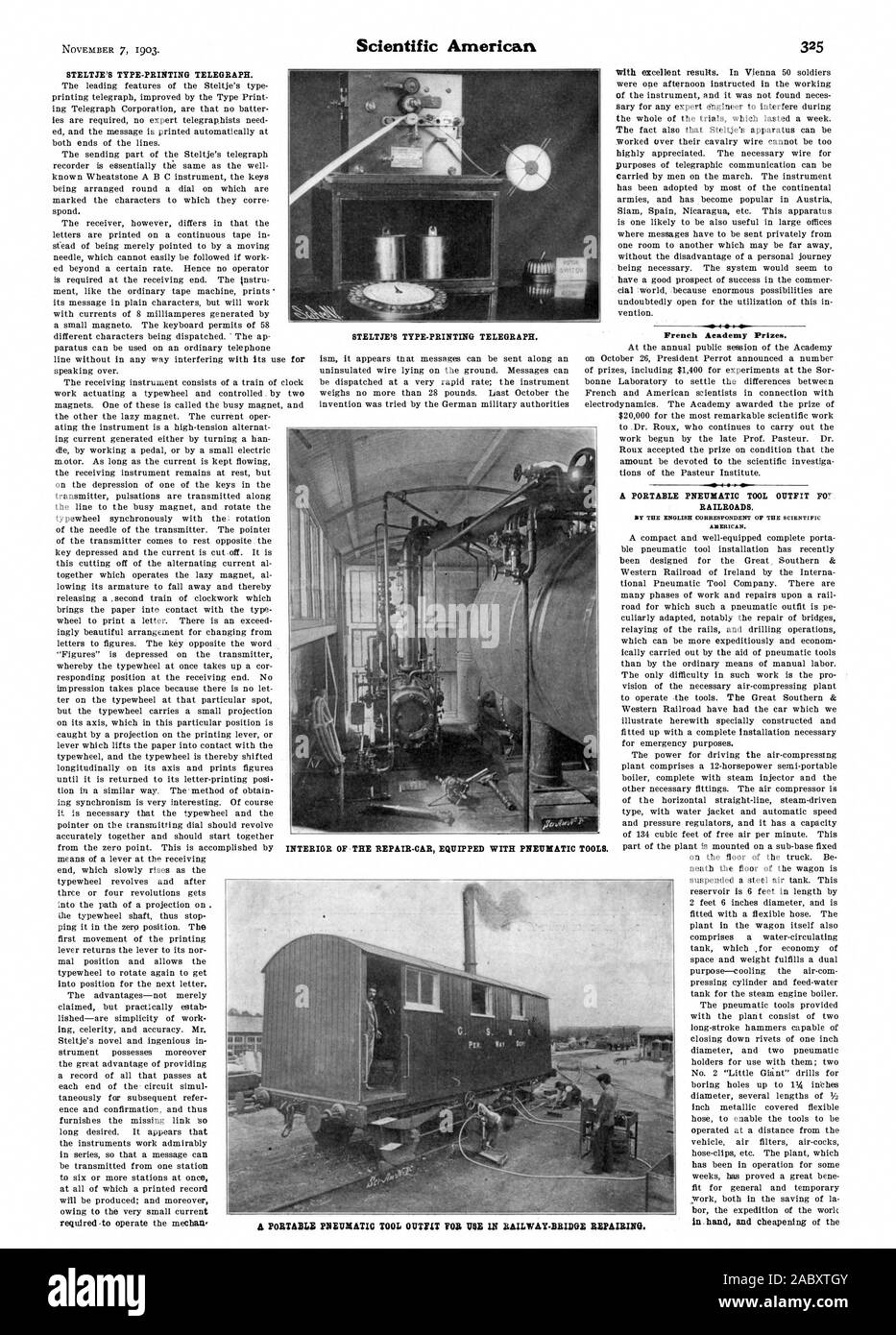 STELTJE TIPO DI STAMPA-telegrafo. richiesti per azionare la mediana STLTJE TIPO DI STAMPA-telegrafo. Accademia francese premi. Ferrovie. Il mio inglese corrispondente del Scientific American. Interno del-l-riparazione auto equipaggiate con utensili pneumatici., 1903-11-07 Foto Stock
