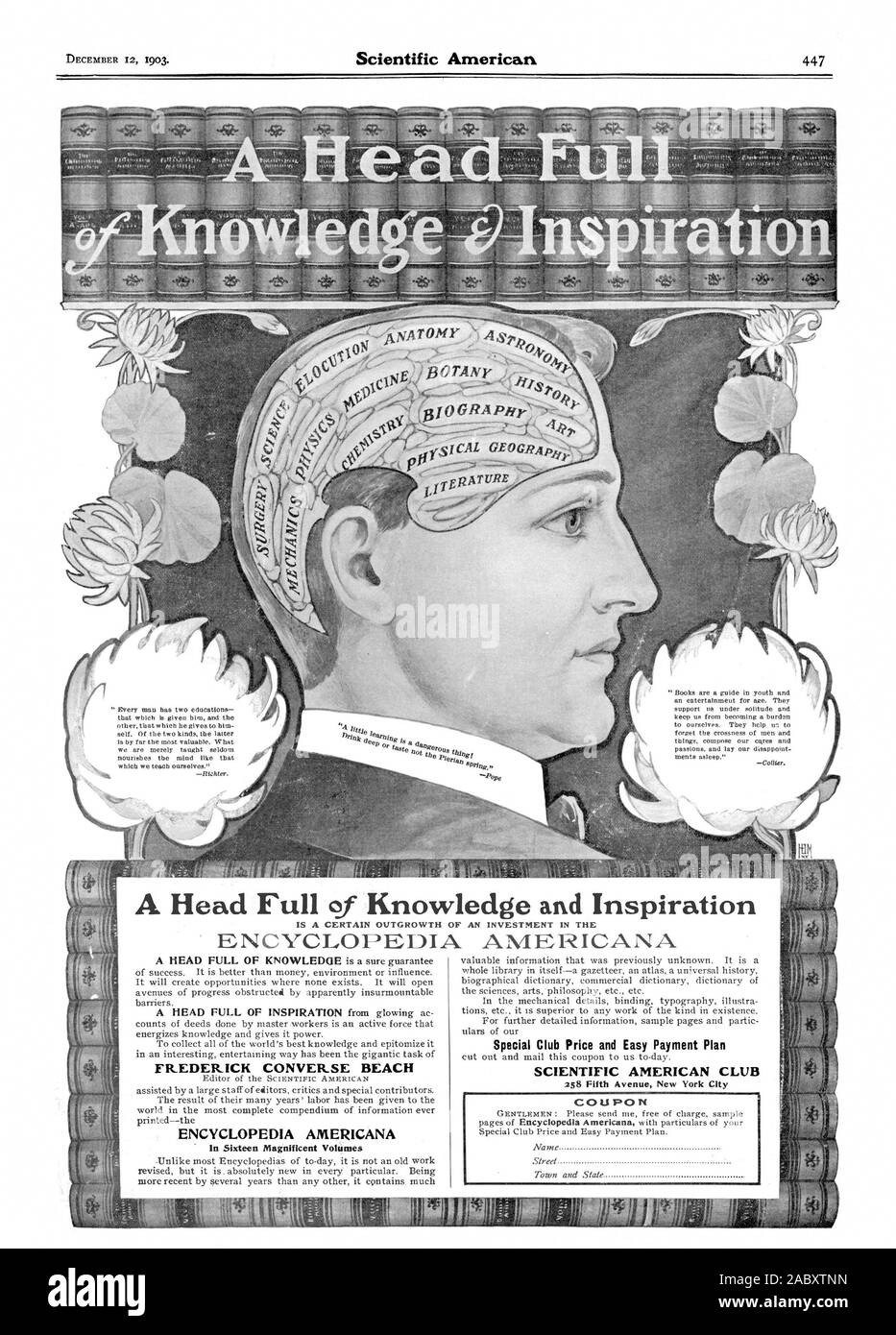La testa piena di conoscenza e di ispirazione è una certa evoluzione di un investimento nell'ENCICLOPEDIA AMERICANA FREDERICK CONVERSE BEACH ENCYCLOPEDIA AMERICANA in sedici volumi magnifico Club speciale prezzo e pagamento facile pianificare Scientific American Club 258 Fifth Avenue di New York City coupon, 1903-12-12 Foto Stock