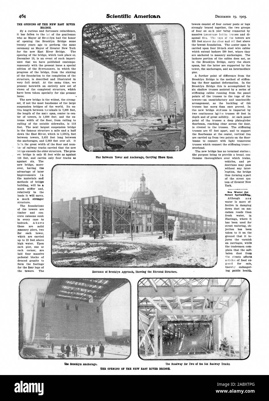 Pier tra la torre e la porta di ancoraggio Shore Span. Acqua di mare fox Street aspersione. rea friAgYninti 0 4 '4 ingresso di approccio di Brooklyn che mostra la struttura di elevata. -Brooklyn Anchorage. La carreggiata per due dei sei binari ferroviari. L'APERTURA DEL NUOVO EAST RIVER BRIDGE., Scientific American, 1903-12-19 Foto Stock