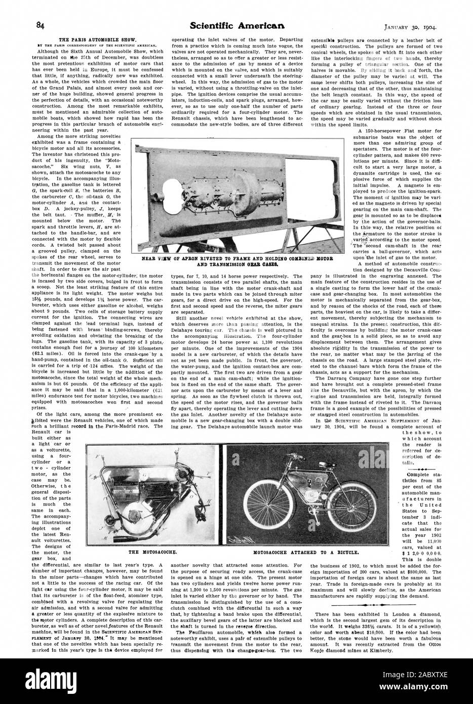 L'AUTOMOBILE DI PARIGI SHOW. Vicino VLIIW del grembiule rivettato al telaio e tenendo il motore combinato la MOTOSACOCHE. MOTOSACOCHE attaccato ad una bicicletta., Scientific American, 1904-01-30 Foto Stock