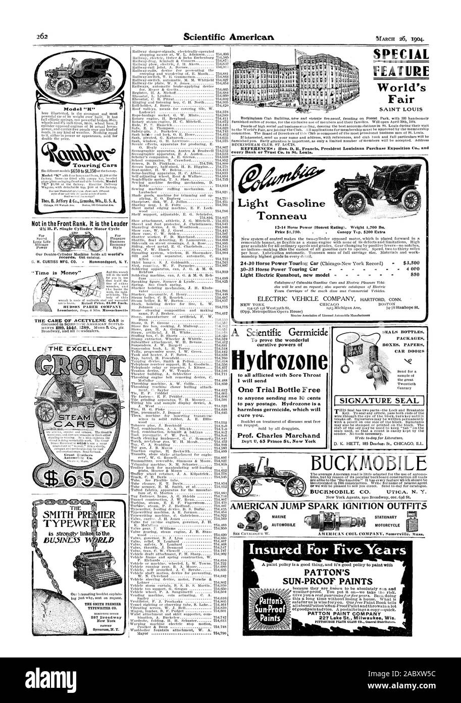 Funzione speciale fiera del mondo di SAINT LOUIS RIFERIMENTI l'on. D. R. Francesco Presidente Louisiana Purchase Exposition Co. e ogni banca o Trust Co. a St. Louis. Il modello 'K' Tou.vetture ad anello non nella fila anteriore. È il leader IER ER RLD Tonneau 12-14 Horse Power (onesto Rating). Peso di 1700 libbre 30=35 Horse Power Touring Car Light Runabout elettrico nuovo modello = = $3500 - 4 000 850 drozone una bottiglia di prova libera il prof. Charles Marchand pacchetti di carte scatole porte auto BUCKMOBILE salto americano ACCENSIONE A SCINTILLA ABITI MARINE AUTOMOBILE motociclo fermo assicurato per cinque anni SUN-PROVA VERNICI Stin- Foto Stock