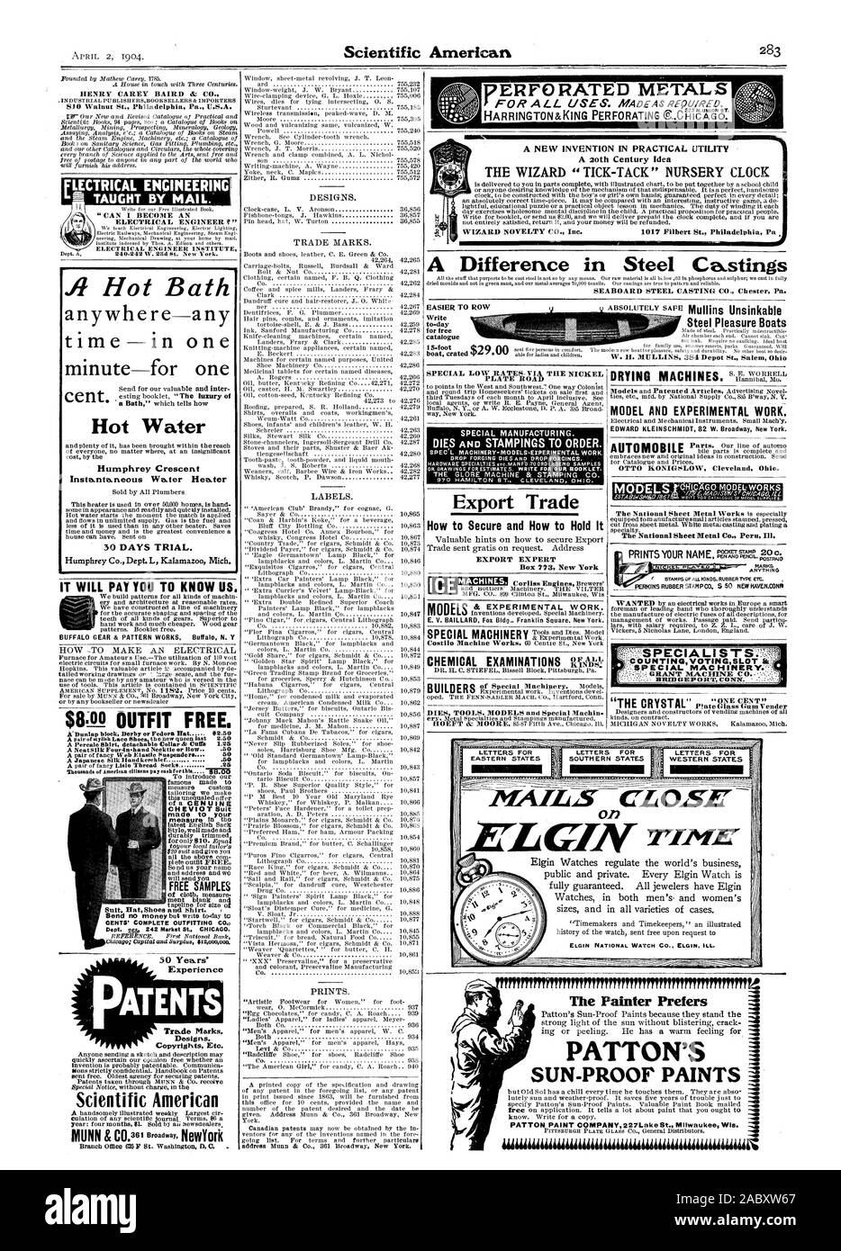 Di tutti i tipi: esami chimici A differenza di getti di acciaio SEABOARD acciaio Colata CO. Chester Pa. scrivere a-giorno per catalogo gratis . M 00EL: Il foglio nazionale Metal Co. Il Perù Ill. 3P CE IAL MAC PRIGIONIERO HINERY WEI. 0T CONN. Vetro e Gomma Vender  ErLarlY rimEr ELGIN NATIONAL WATCH CO. ELGIN ILL. PATTON IL SUN-PROVA dipinge il pittore preferisce PATTON OQMPANY VERNICE227Lago San Milwaukee Wisconsin a, Scientific American, 1904-04-02 Foto Stock