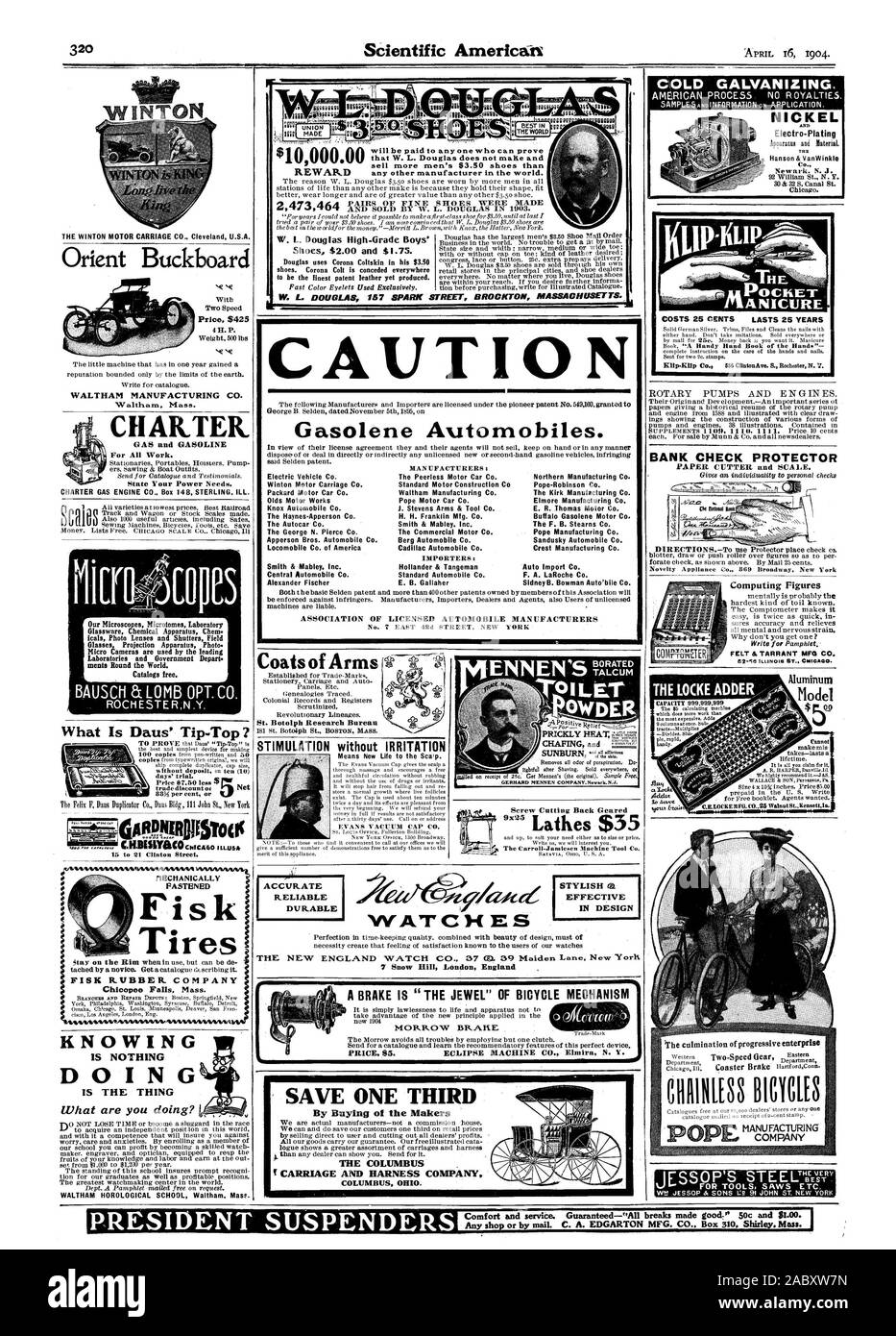 Peccato W. L. DOUGLAS 157 SPARK STREET BROCKTON in Massachusetts. Gasolene automobili. Il sommatore di LOCKE non può rendere prende mis-dura tutta la vita. C.E.LOCRE liFO. C0,25 Noce St.Kensettla. Presidente autoreggenti Comfort e servizio. Garantito-'tutte le pause realizzato buoni." pc e 0.00. Qualsiasi sho. o tramite posta. C. A. EDGARTON MFG. Casella di CO 310 Shirley. Messa., Scientific American, 1904-04-16 Foto Stock