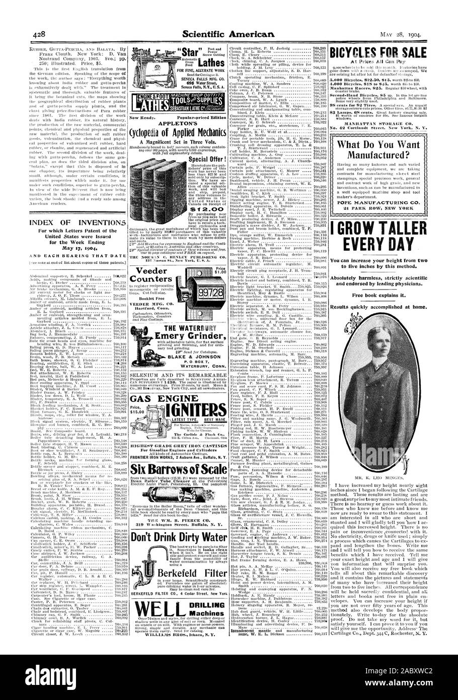 Indice delle invenzioni NGINE L&piedi di Appleton. dell'enciclopedia di meccanica Applicata Offerte speciali FRONTIER Iron Works 2 Auburn Ave. Buffal N. Y. sei carriole di scala non bere acqua sporca le biciclette per la vendita a prezzi tutti possono pagare quello che vuoi fabbricati? Papa Manufacturing Co. 21 PARK ROW NEW YORK HO CRESCERE TALLER a 5 pollici da questo metodo. Assolutamente innocui rigorosamente scientifica e vistato dal prestito di medici. Libro libero spiega. Rapidamente i risultati raggiunti a casa. Contatori I WATERBURY Emery Grinder BLAKE & JOHNSON WATERBURY CONN. Motore a gas incendiare Berkefeld filtro macchine di foratura Foto Stock