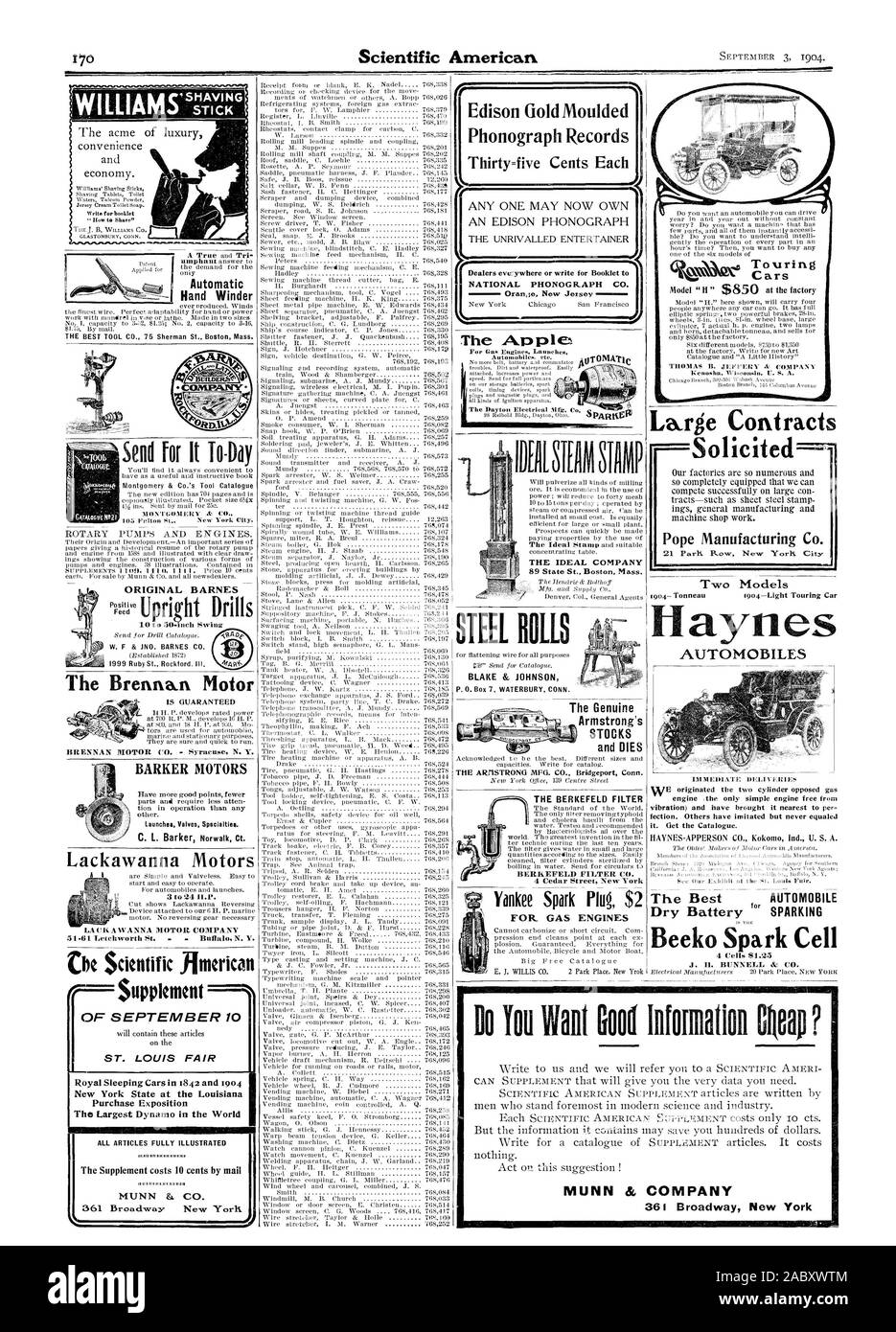 Acquisto di esposizione il più grande dinamo in tutto il mondo DI SETTEMBRE 10 ST. LOUIS FAIR MUNN 8). CO. Tutti gli articoli completamente illustrato lancia specialità delle valvole. Avvolgitore a mano la società ideale Kenosha. Wisconsin U. S. A. automobili grandi contratti Papa Manufacturing Co. Due modelli Haynes AUTOMOBILES IM MEDIARE DEMI E RIES fection. Altri hanno imitato ma mai uguagliato. Richiedete il catalogo. La migliore automobile Beeko cella scintilla J. II. BUNNELL & CO. Fare pedaggio vogliono una buona informazione raccogliere? MUNN & COMPANY 361 Broadway New York, Scientific American, 1904-09-03 Foto Stock