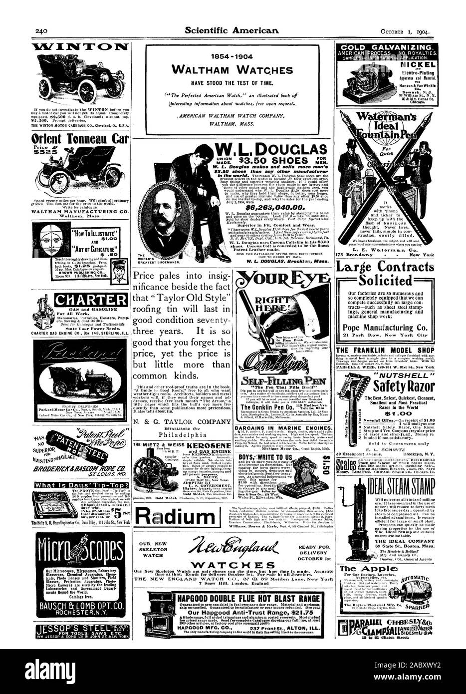 1854-1904 WALTHAM orologi hanno superato la prova del tempo. 1.' La perfezionata American Watch' un libro illustrato di (informazioni interessanti su orologi gratis su richiesta:. WALTHAM MASS. Per W. L. Douglas produce e vende più uomini $3.50 scarpe rispetto a qualsiasi altro produttore $6263040.00. W. L. DOUGLAS Brockton messa. La più grande nel mondo del calzolaio. La zincatura a freddo. Chicano di nichel. 173 Broa.dwa.y New York grandi contratti sollecitati 21 Parli riga nuova città Yorls WINITONT Orient Tonneau auto WALTHAM MANUFACTURING CO. Waltham messa. $ 1,00 e $ .s BROWN PUBLISHING CO. Carta per tutti i lavori. CHARTER MOTORE A GAS Foto Stock