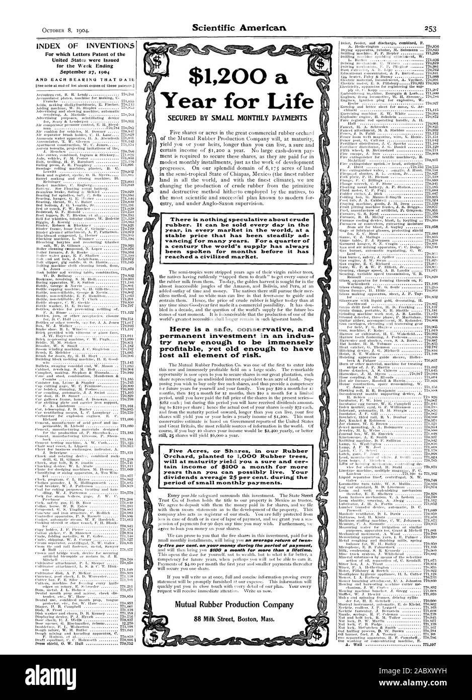 Ft 1200 dollari per anno di vita fissata DY Piccoli pagamenti mensili non vi è nulla di speculazioni su gomma grezza. Esso può essere venduto ogni giorno dell'anno in ogni mercato in tutto il mondo a un prezzo stabile che è stata costantemente ad vancing per molti anni. Per un quarto di secolo il mondo di alimentazione ha sempre parlato per mesi prima che essa ha qui è un sicuro e prudente investimento permanente in un'indus provare nuove abbastanza per essere immensamente redditizia ancora abbastanza vecchio per avere perso ogni elemento di rischio. Cinque acri o condivide la nostra gomma verrà a scadenza la resa è un sicuro e cer tain reddito di cento dollari al mese per Foto Stock