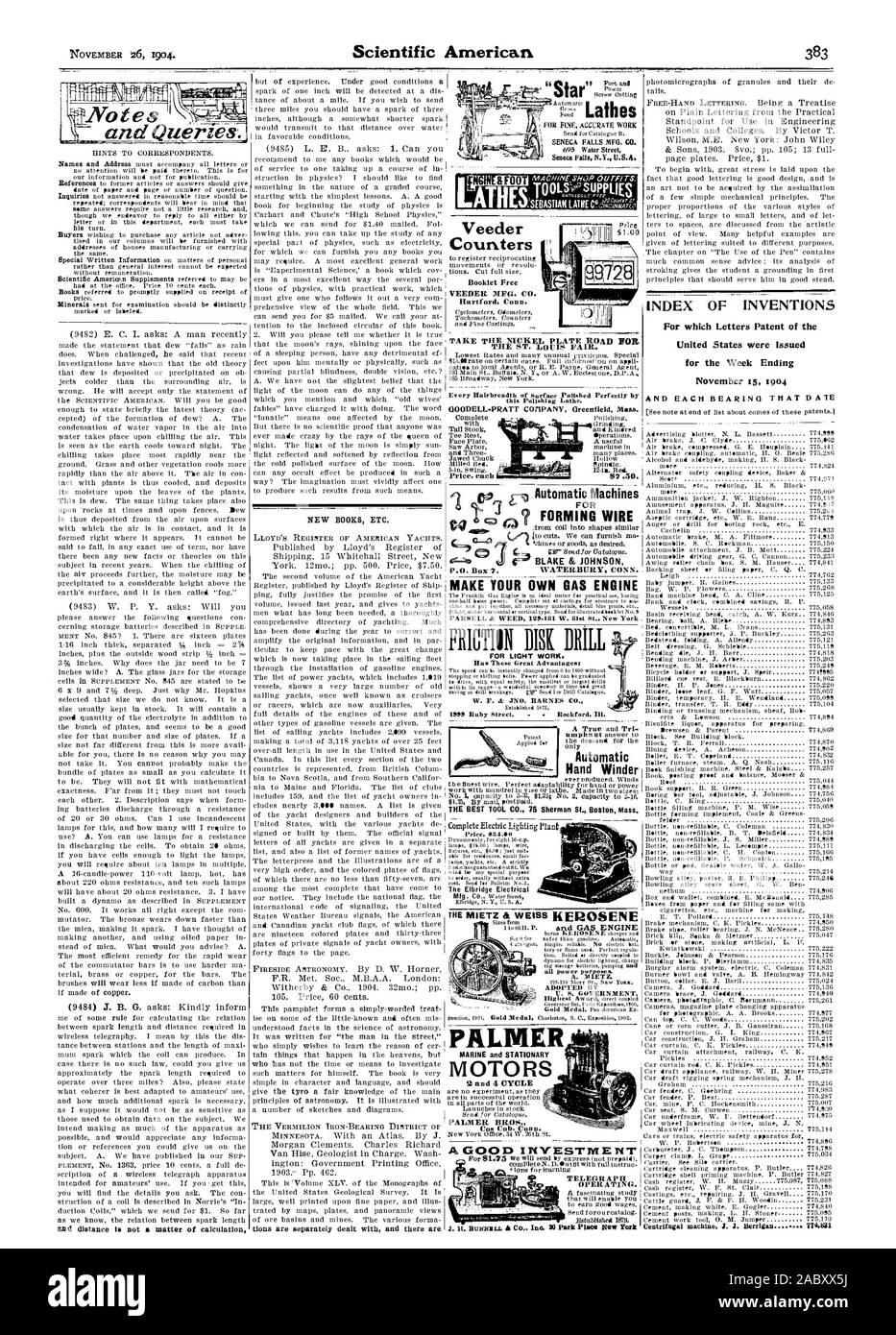 PALMER marini e motori fissi PALMER BROS. Un buon IPIVESTME rut " Funzionamento del telegrafo. Indice delle invenzioni per le quali lettere di Brevetto degli Stati Uniti sono stati rilasciati per la settimana che termina il 15 novembre 1904 per un intervento accurato SENECA FALLS MFG. CO. OS Water Street OS contatori opuscolo alimentatore libero MFG. CO. Hartford Connecticut. Disco FRICTIIN trapano per lavori leggeri., Scientific American, 1904-11-26 Foto Stock