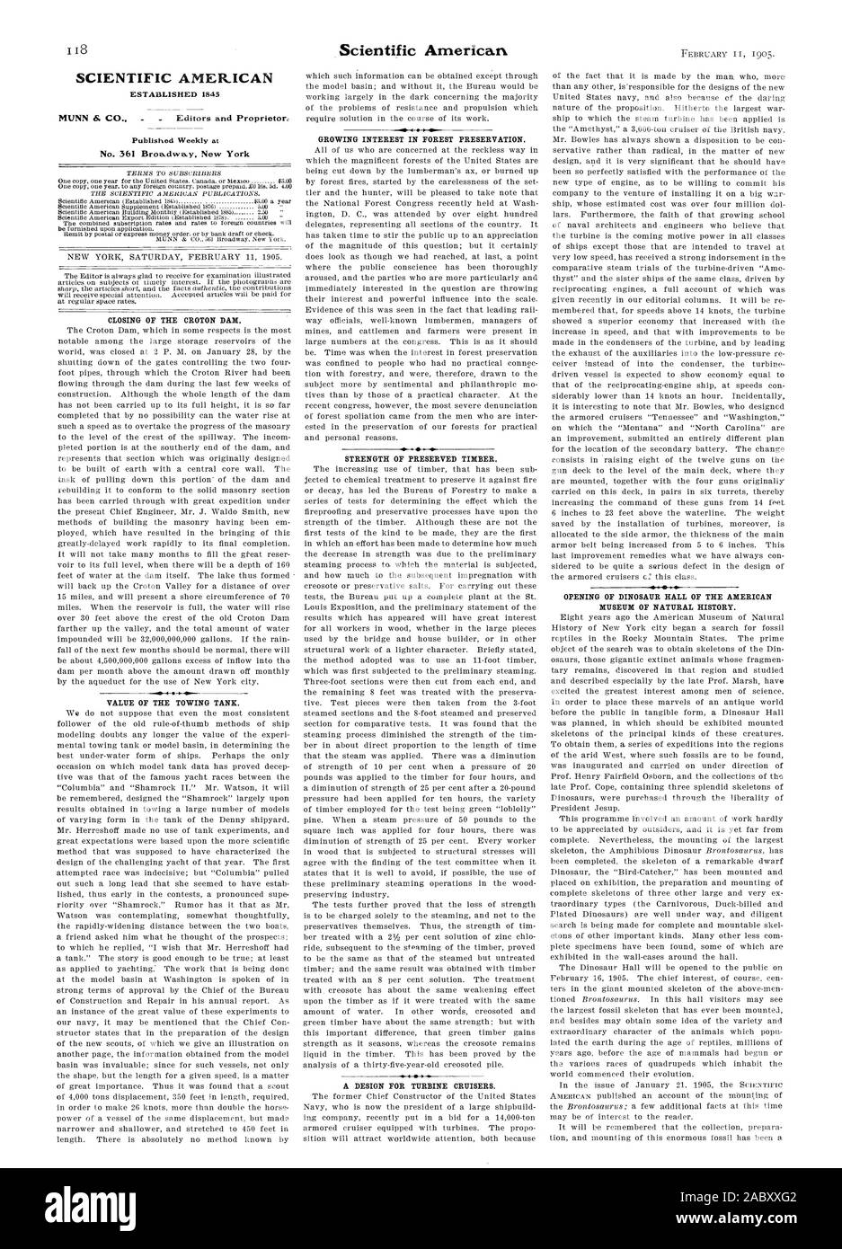 SCIENTIFIC AMERICAN CHIUSURA DEL CROTON DAM. Valore del serbatoio di traino. Crescente interesse per la conservazione delle foreste. Forza di conserve di legname. Un design per incrociatori della turbina. Apertura della Sala dei dinosauri del Museo Americano di Storia Naturale., 1905-02-11 Foto Stock