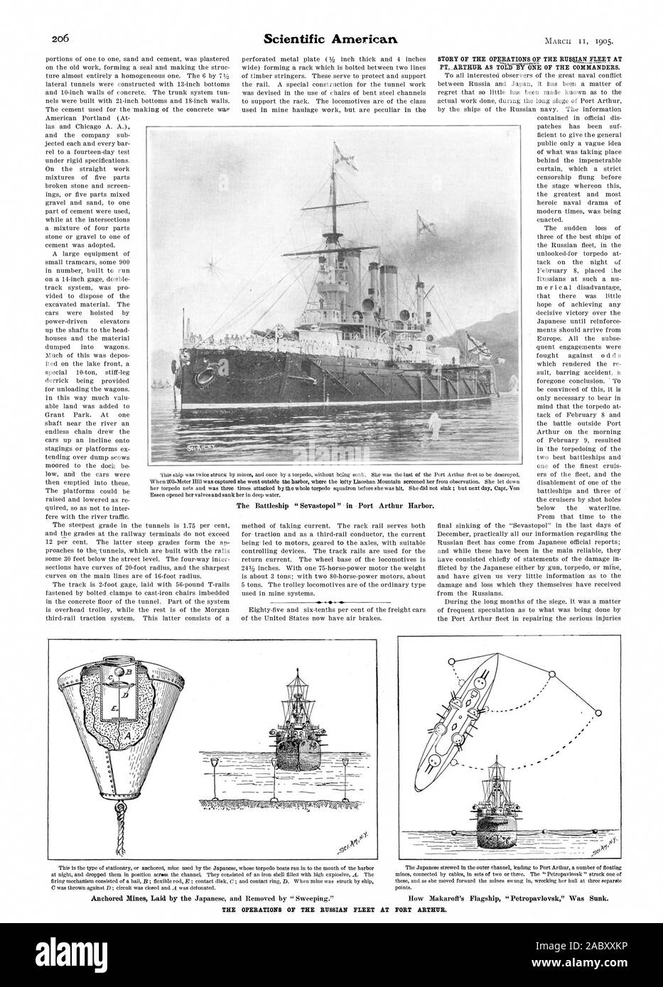 La Corazzata "evastopol' io porto Porto Arthur. Ancorata mine collocate dai giapponesi e rimosso da "piangendo.' LE OPERAZIONI DELLA FLOTTA russa a come Makaroft ammiraglia Petropavlovsk "" è stata affondata. FORT ARTHUR., Scientific American, 1905-03-11 Foto Stock