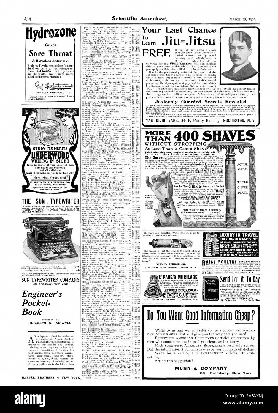 La tua ultima chance LSPage's Photo pasta senza STROPPING pensare ciò che questo significava per l uomo che hanno torturato a se stesso per anni con il vecchio stile rasoi prima che egli ci ha scritto. Ora il Clitttp sé dimostrare a voi assegnato la medaglia d'oro al merito a San Louis Exposition 1904. Società' WM. B. PIERCE CO. 319 Washington Street. Buffal N. Y. vincere 400 SMITS concava doppia andatura custodita gelosamente segreti svelati LE PAGE di mucillagine Hydrozone ISCRITTO IN VISTA UNDERWOOD TYPEWRITER CO. 2 Broadway New York." La macchina da scrivere DI SUN SUN TYPEWRITER COMPANY Engineer Pocket= Prenota CHARLES H. ha ben. HARPER. Fratelli Ncnuovo Foto Stock