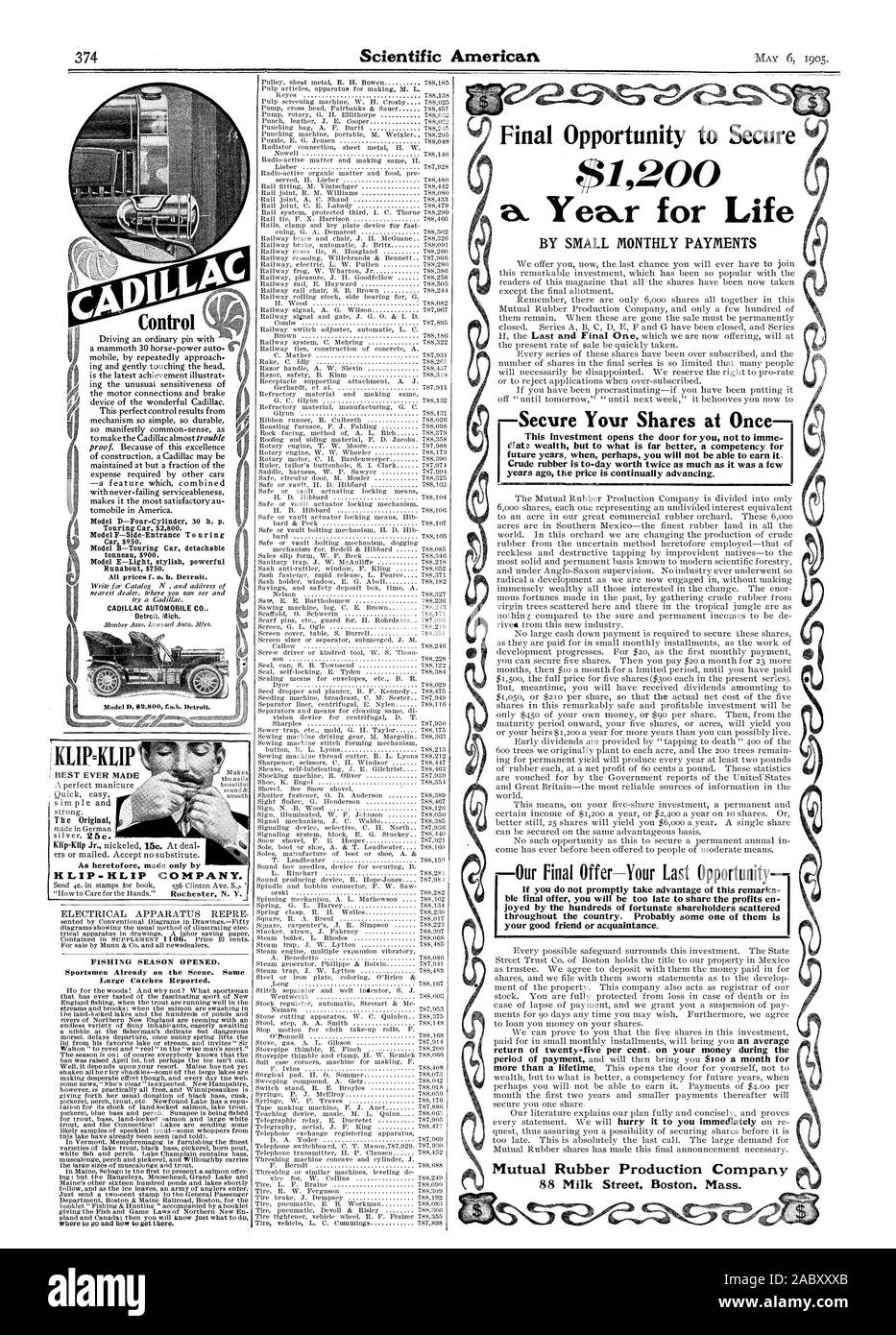 Il modello D-Four-Cylinder 30 h. p. Touring Car $2800. Il modello B-Touring Car staccabile tonneau $900. Modello E-luce potente ed elegante Tutti i prezzi f. o. b. Detroit. Detroit Mich KLIPRIP K 1.1P - KLIP COMPANY. La stagione di pesca aperta. Gli sportivi già sulla scena. Alcune grandi catture riferite. Ultima occasione per fissare ?91200 a. Anno di vita da piccoli pagamenti mensili fissare le vostre azioni in una volta questo investimento apre la porta per voi non supervisore diretto elate ricchezza ma a ciò che è di gran lunga meglio una competenza per gli anni futuri quando forse non sarà in grado di guadagnare. La gomma grezza è oggi vale il doppio di quanto Foto Stock