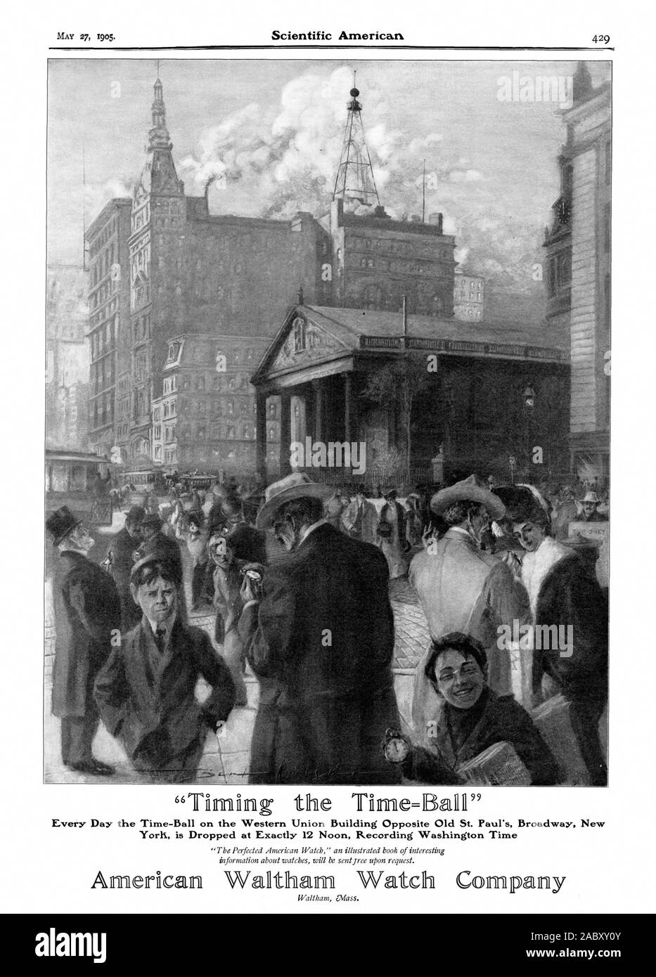 Ogni giorno il Time-Ball su Western Union edificio di fronte alla vecchia San Paolo Broadway New Yorli è sceso esattamente a mezzogiorno la registrazione del tempo di Washington, Scientific American, 1905-05-27 Foto Stock