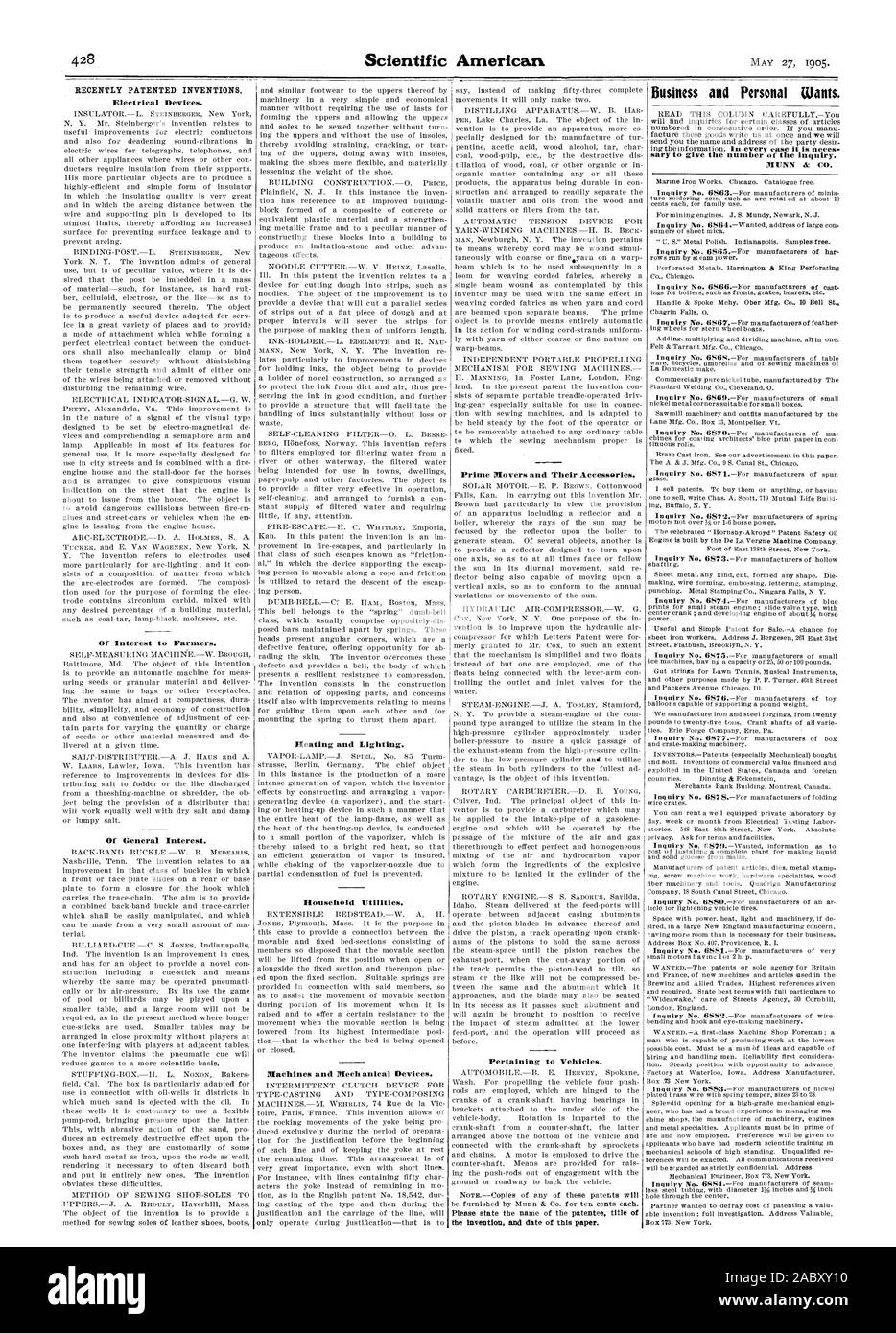 Recentemente invenzioni brevettate. Di interesse per gli agricoltori. Riscaldamento e illuminazione. Utility di uso domestico. Macchine e dispositivi meccanici. I propulsori primari e dei loro accessori. Relative ai veicoli. Si prega di indicare il nome del titolare del titolo di business e personale vuole. MUNN & CO., Scientific American, 1905-05-11 Foto Stock