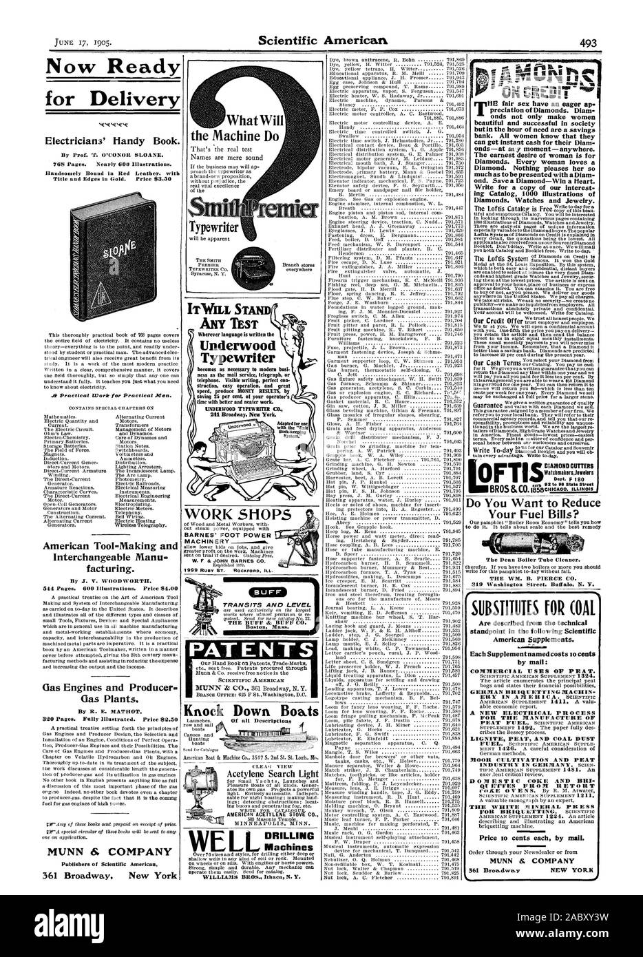 Per la consegna elettricisti' utile libro. Dal prof. "P. O'Conor SLOANE. 768 pagine. Quasi 600 illustrazioni. Profumatamente rilegati in pelle rossa con titolo e bordi in oro. Prezzo $3.50 49 lavori pratici per pratica di uomini. American Tool-Making e intercambiabili Manu facturing. Da J. V. legno vale la pena. 544 pagine. 600 illustrazioni. Prezzo 64.00 Motori a gas e produttore. Impianti di gas. Da R. E. MATHOT. MUNN 6. Azienda 361 Broadway New York ITWILL STAND QUALSIASI PROVA Underwood Typewriter brevetti americano scientifico abbattere barche Vuoi ridurre le bollette di carburante? Il decano dei tubi della caldaia Cleaner. La WM. B Foto Stock