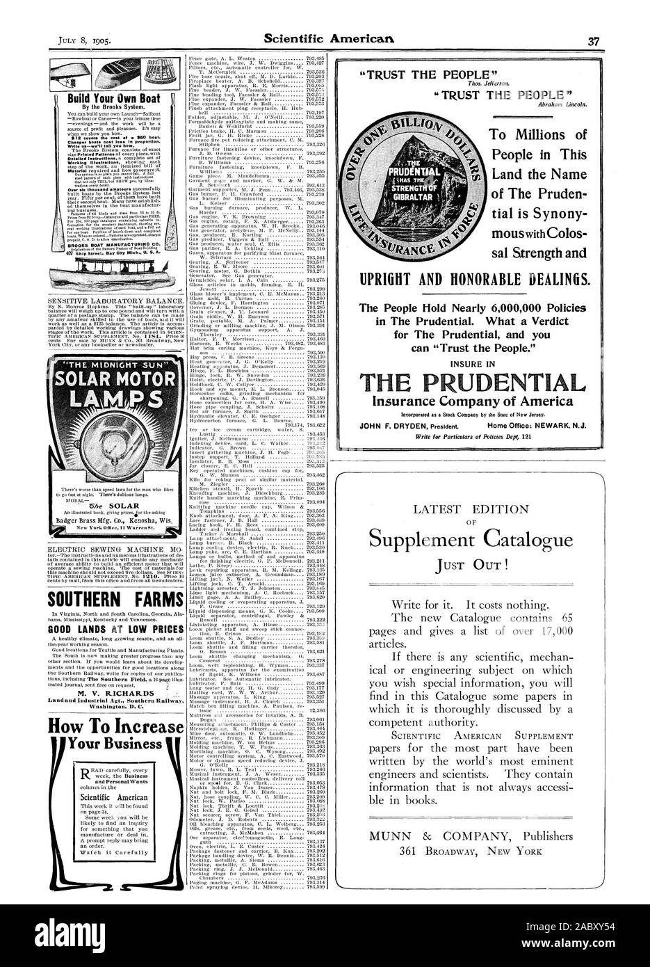 Aziende agricole del sud buone terre a prezzi bassi Washington D. C. Come aumentare e vuole personali appena fuori! "La fiducia della gente" a milioni di persone in questa terra il nome dell'Pruden tial è Synony sal forza e montante e onorevole rapporti. nel Prudential. Che cosa è un verdetto per la normativa prudenziale e puoi avere fiducia nel popolo." PRUDENTIAL costruire la vostra propria barca dalla Brooks Sistema. $12 c eeeee il costo di $60 barca. Cheaper 00000 costano meno in proporzione. Scrivi a noi vi diremo come. BROOKS BOAT Manufacturing Co., Scientific American, 1905-07-08 Foto Stock
