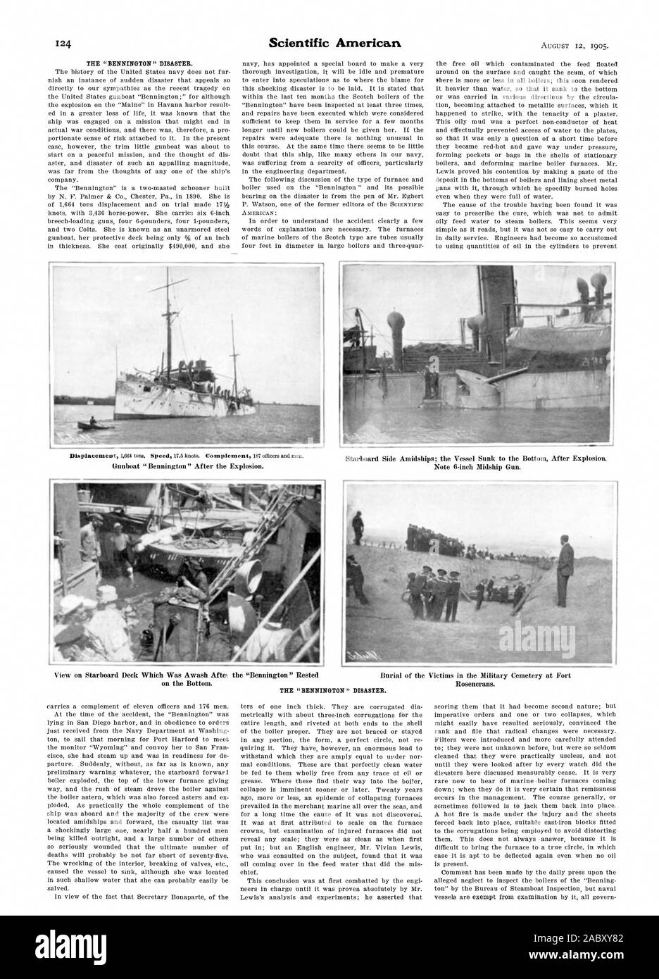 Il 'BENNINGTON' disastro. Cannoniere 'Bennington' dopo l'esplosione. Nota 6 pollici pistola mediana. La sepoltura delle vittime nel cimitero militare di Fort Rosencrans. Il ' BENNINGTON ' disastro., Scientific American, 1905-08-12 Foto Stock
