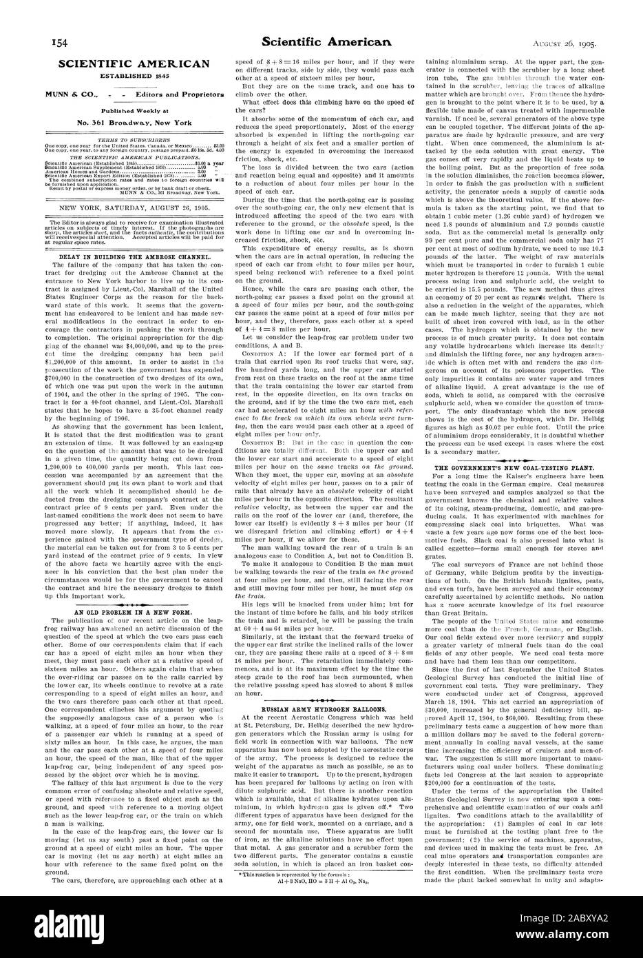SCIENTIFIC AMERICAN STABILITO 1845 settimanale pubblicata al n. 361 Broa.dwa.y. New York ritardo nella costruzione del canale di Ambrogio. Un vecchio problema in una nuova forma. Esercito Russo palloncini di idrogeno. Il governo è di nuovo di carbone vegetale di test., 1905-08-26 Foto Stock