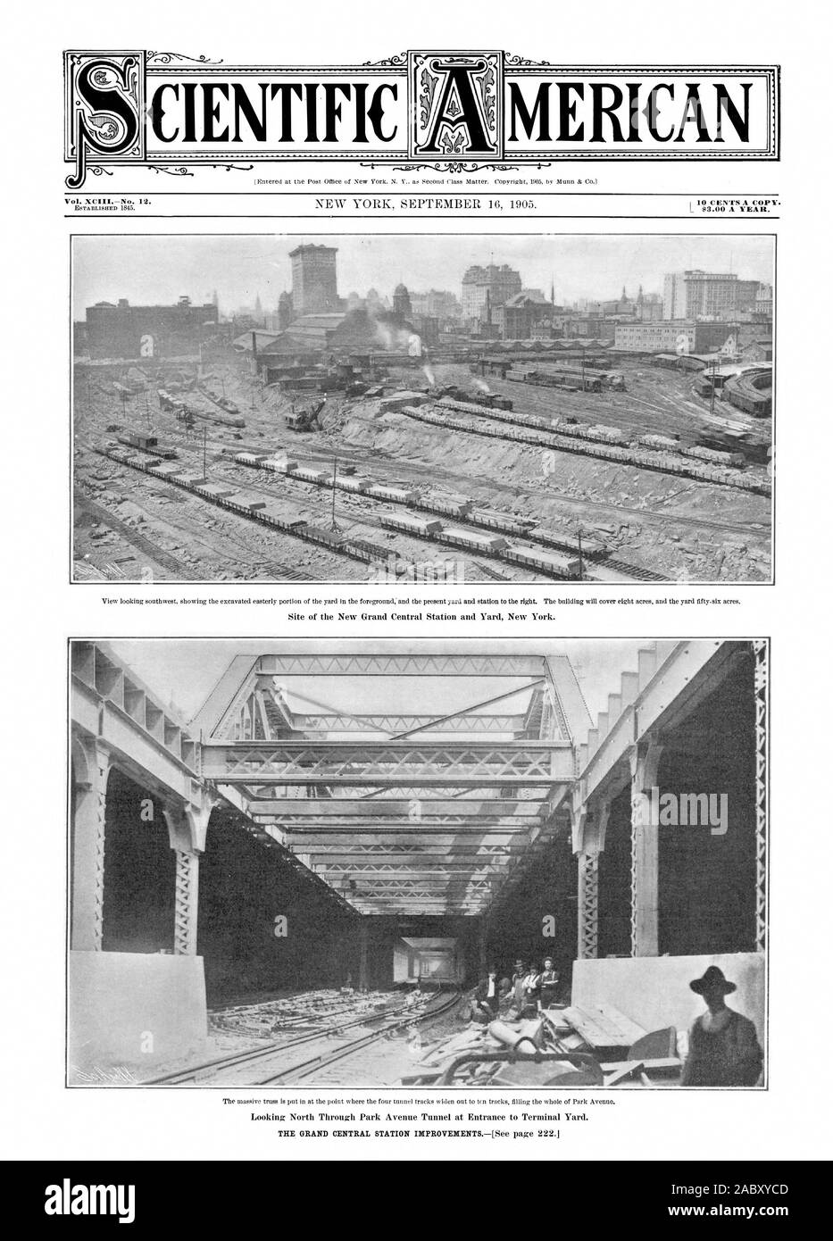 Vista guardando verso sud-ovest che mostra la scavato parte est del cantiere in primo piano; e presente in cortile e stazione a destra. L'edificio dovrà coprire otto acri e il cantiere cinquantasei acri. MERICAN SCIENTIFICA, Scientific American, 1905-09-16 Foto Stock