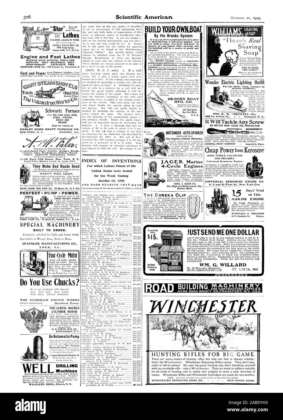 NEW YORK N Y. fanno strade male buona la curtis a doppio motore cilindro H. H. CURTIS MFG. CO. Una pompa automatica INDICE DI INVENZIONI PER LE QUALI lettere di Brevetto degli Stati Uniti sono stati rilasciati per la settimana che termina il 10 ottobre 1905 BUILDIONOWBOAT dalla Brooks MOTSINGER SISTEMA AUTO-SPARKER motori a 4 Tempi di CHAS. J. JAGER CO. Vite ItWillTackleAny Giorni di prova su questo motore marino non si utilizza mandrini? Costruito su ordinazione. SPANGLER Manufacturing Co. Perfetto della potenza di pompa. Macchine speciali per la fusione della ghisa grigia rame acciaio ottone e bronzo progetto forno CO. CHICAG ILL. WEL macchine foratrici Road e appaltatori Foto Stock