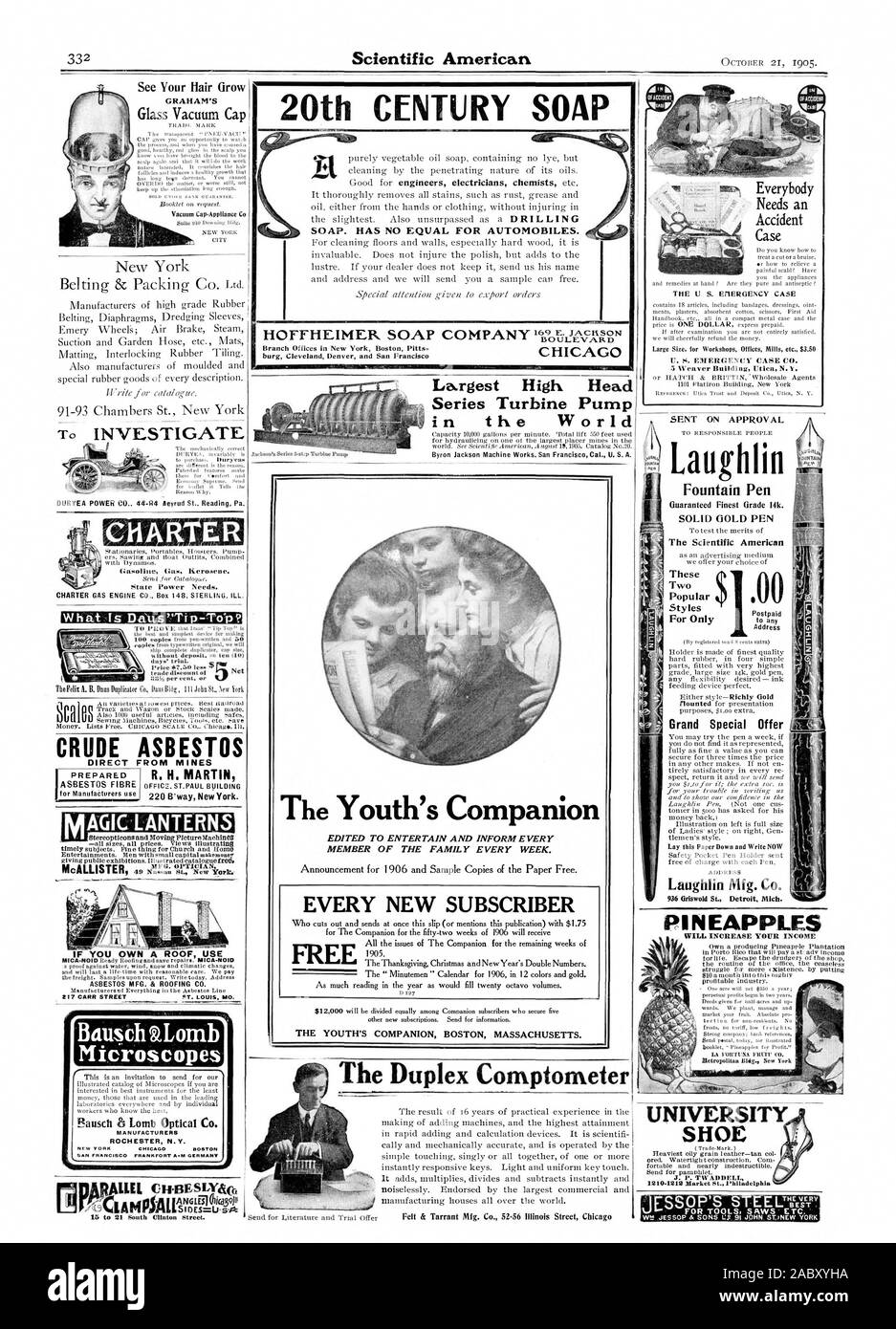 Scientific American 21 ottobre 1905. BOULEVARD CHICAG filiali a New York Boston Pitts= burg Cleveland Denver e San Francesco del xx secolo SOAP. Non ha eguali per automobili. Il Comptometer Duplex di Graham Cap-Appliance vuoto Co di indagare DURYEA POTENZA 44 CO-R4 Aeyrud St lettura Pa. carta gas a benzina di cherosene. Il potere statale ha bisogno. CHARTER MOTORE A GAS CO Box 148. Sterlina. ILL. Che cosa è Daus'Tip-To'p? Se S. ETIEROENCY caso zoppo Dimensioni per gli uffici di Officine Laminatoi ecc. $3.50 5 Weaver Costruire Utica N.1. Grand Offerte speciali Lay questa carta in basso e scrivere ora Laughlin Mfg. Co. 93 Foto Stock