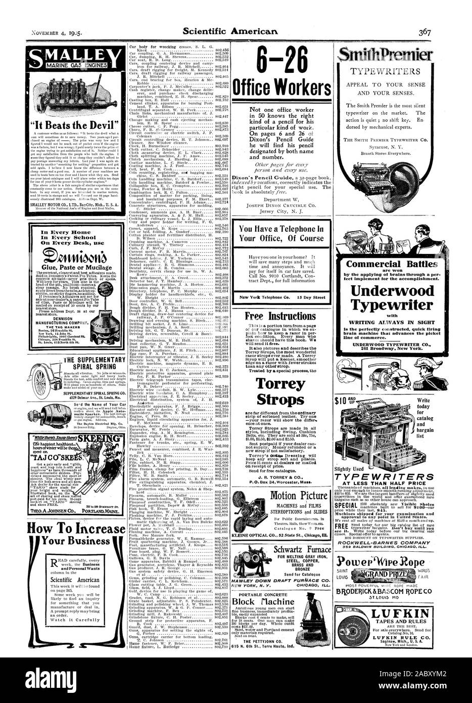 Molla a spirale "TAJ C 0'S come aumentare e vuole personali Scientific American Scientific American macchine da scrivere sono vinto dalla applicazione del cervello attraverso una per fect implementare per la realizzazione. Underwood Nastri inchiostratori per macchine da scrivere con la scrittura sempre in linea di veduta di commercio. 6-26 impiegati si dispone di un telefono nel vostro ufficio di Corso gratuito istruzioni Torrey Strops 13 RODER! CK. &BASCOM corda C .57.t.ouls m Motion Picture macchine e STEREOPTICONS pellicole e diapositive KLEINE OPTICAL CO. 52 membro San Chicag per la fusione della ghisa grigia rame acciaio ottone e bronzo CHICAG ILL. NEW YORK N. Y. MACCHINE DA SCRIVERE A Foto Stock
