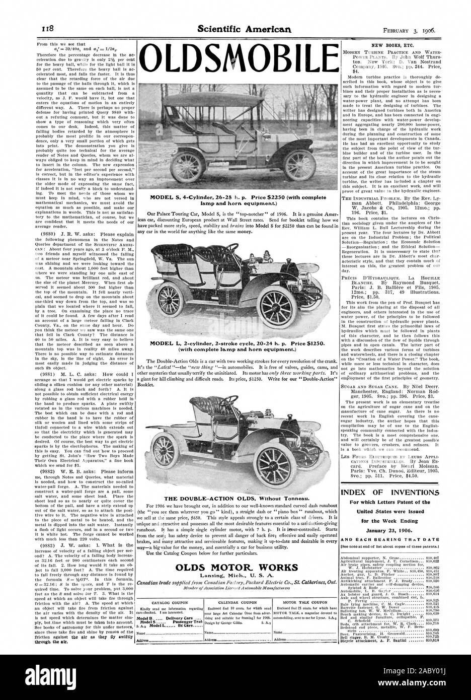 Modello S. 4-cilindro. 26-28 h. p. Prezzo $2250 (con luce completa e avvisatore acustico attrezzatura.) MODELLO L 2 cilindri a 2 tempi ciclo 20-24 h. p. Prezzo $1250. (Con luce completa e avvisatore acustico attrezzatura.) OLDS MOTORE LAVORA Lansing Mich U. S. A. Indirizzo Indirizzo OLDSMOBILE NUOVI LIBRI ETC. Indice delle invenzioni per le quali lettere di Brevetto degli Stati Uniti sono stati rilasciati per la settimana che termina il 23 gennaio 1906. E ciascun cuscinetto che data, Scientific American, 1906-02-03 Foto Stock