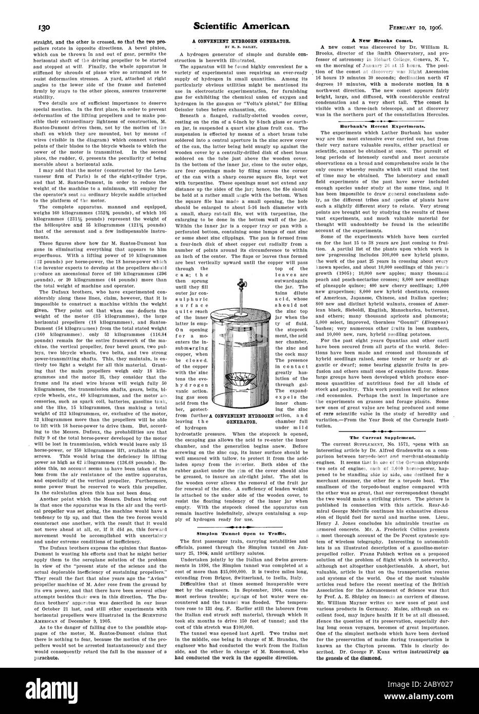 Un comodo generatore di idrogeno. Da H. B. DAILEY. Simplon 'runnel aperte al traffico. Burbank's esperimenti recenti. L'attuale supplemento., Scientific American, 1906-02-10 Foto Stock