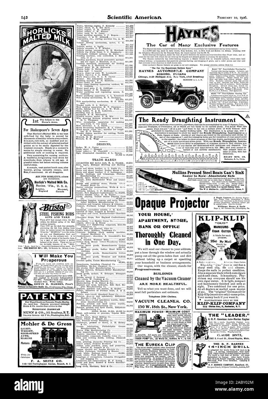 Tieulars libero. Scrivere oggi. EDWIN R. MARDEN pres't brevetti il nostro libro Rand sui brevetti Trade-Marks Scientific American Mohler 6 De Gress peso ad alta velocità F. MARINO A. SEITZ CO. KLIP-KLIP 'ouo' COLTELLO DA CACCIA scopo. oro prodotta soltanto dalla KLIP-KLIP AZIENDA ' La vettura la Repairman raramente vede l' HAYNES AUTOMOBILE COMPANY KOKOM INDIANA Il pronto strumento redazionale Roehester N. Y. U.S.A. Mullins Acciaio pressato imbarcazioni non Sinli più facile Row-Absolutely Cassaforte barche Barche a motore bunting e barche da pesca. Proiettore opaco, 1906-02-10 Foto Stock