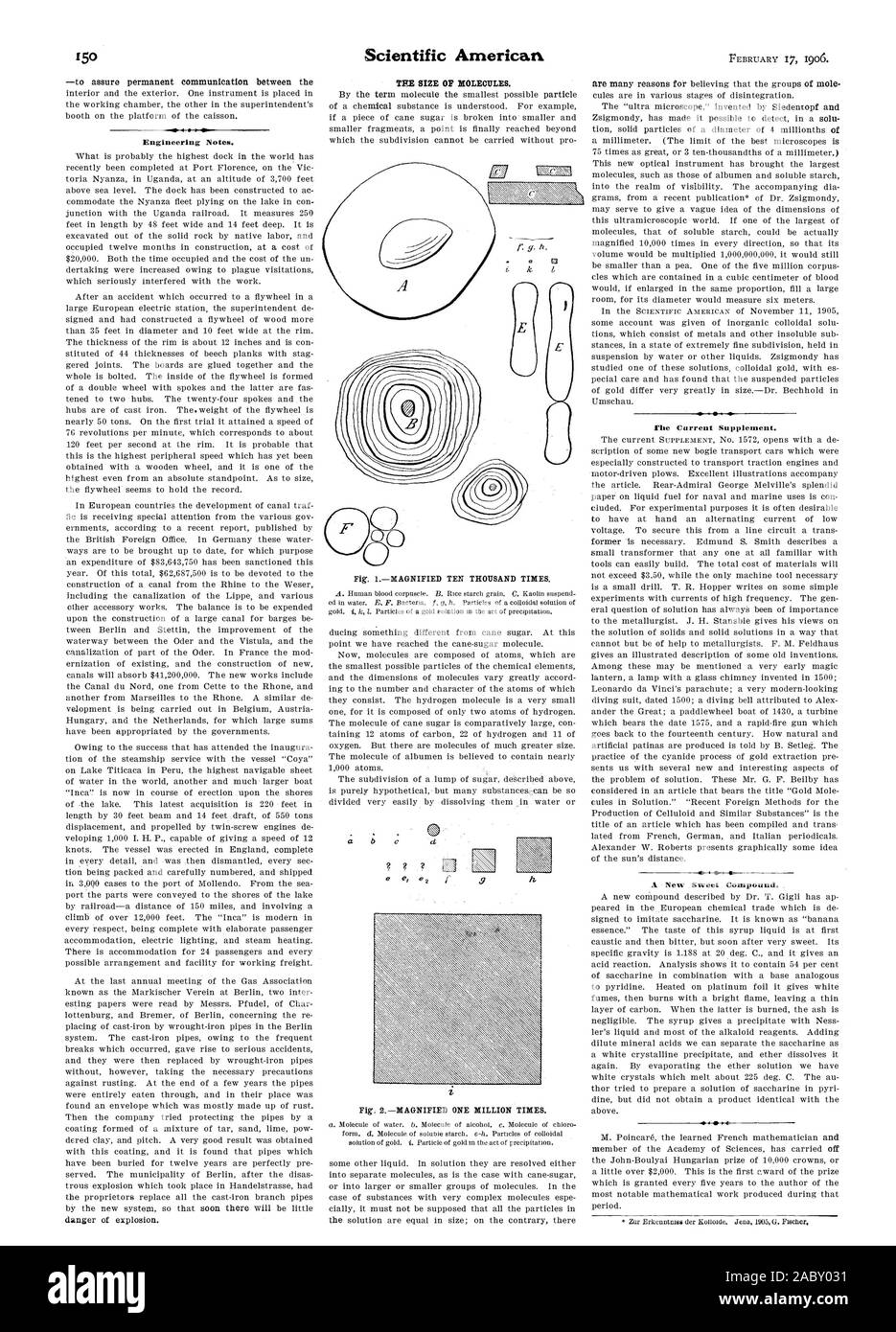 Engineering note. Pericolo di esplosione. Dimensione raccordo a T OP molecole. Fig. 1ingrandito diecimila volte. Figura 2 ingrandito un milione di volte. Un nuovo dolce composto., Scientific American, 1906-02-17 Foto Stock