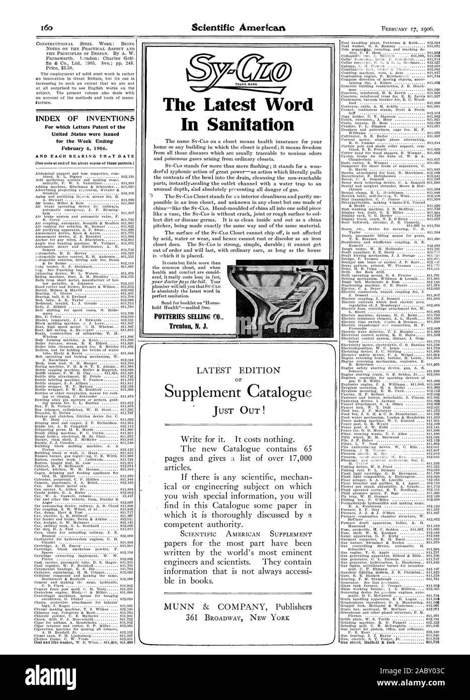 La versione più recente di Word in igiene POTTERIES Vendita di CO. Trenton N. J. INDICE DI INVENZIONI PER LE QUALI lettere di Brevetto degli Stati Uniti sono stati rilasciati per la settimana che termina il 6 febbraio 1906. E ciascun cuscinetto che data, Scientific American, 1906-02-17 Foto Stock