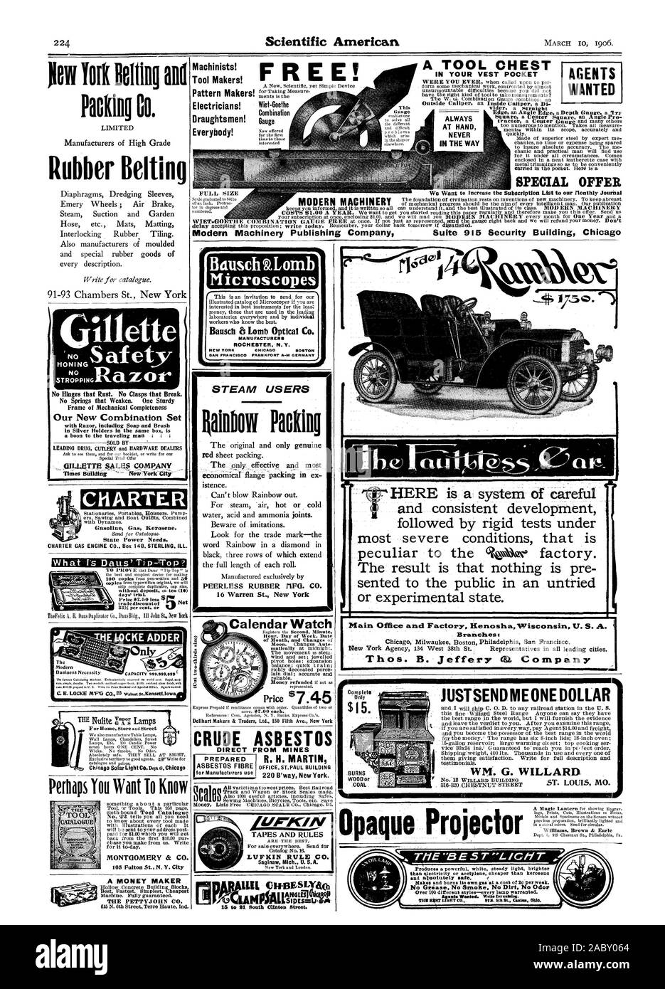 Una cassettiera per utensili voleva gratis! Macchinisti! Attrezzo Maker! Creatori di modello! Elettricisti! Relatori per parere! Tutti! A PORTATA DI MANO NEL MODO IN VOSTRI GIUBBOTTO POCKET quadrato un quadrato centrale un angolo Pro ebreo York cinghie ed Packing Co. Limitate le cinghie in gomma Offerte speciali Net MONTGOMERY & CO. Macchine moderne società editrice Suite 915 Edificio sicurezza Chicag 91-93 Camere San New York Gillette levigatura non STROPPING Binges che la ruggine. N. ganci che si rompono. Assenza di molle che indeboliscono. Un robusto telaio di meccanica la completezza del nostro nuovo set di combinazione con Razor inclusi Soap e il pennello una manna per i viaggi uomo venduto Foto Stock